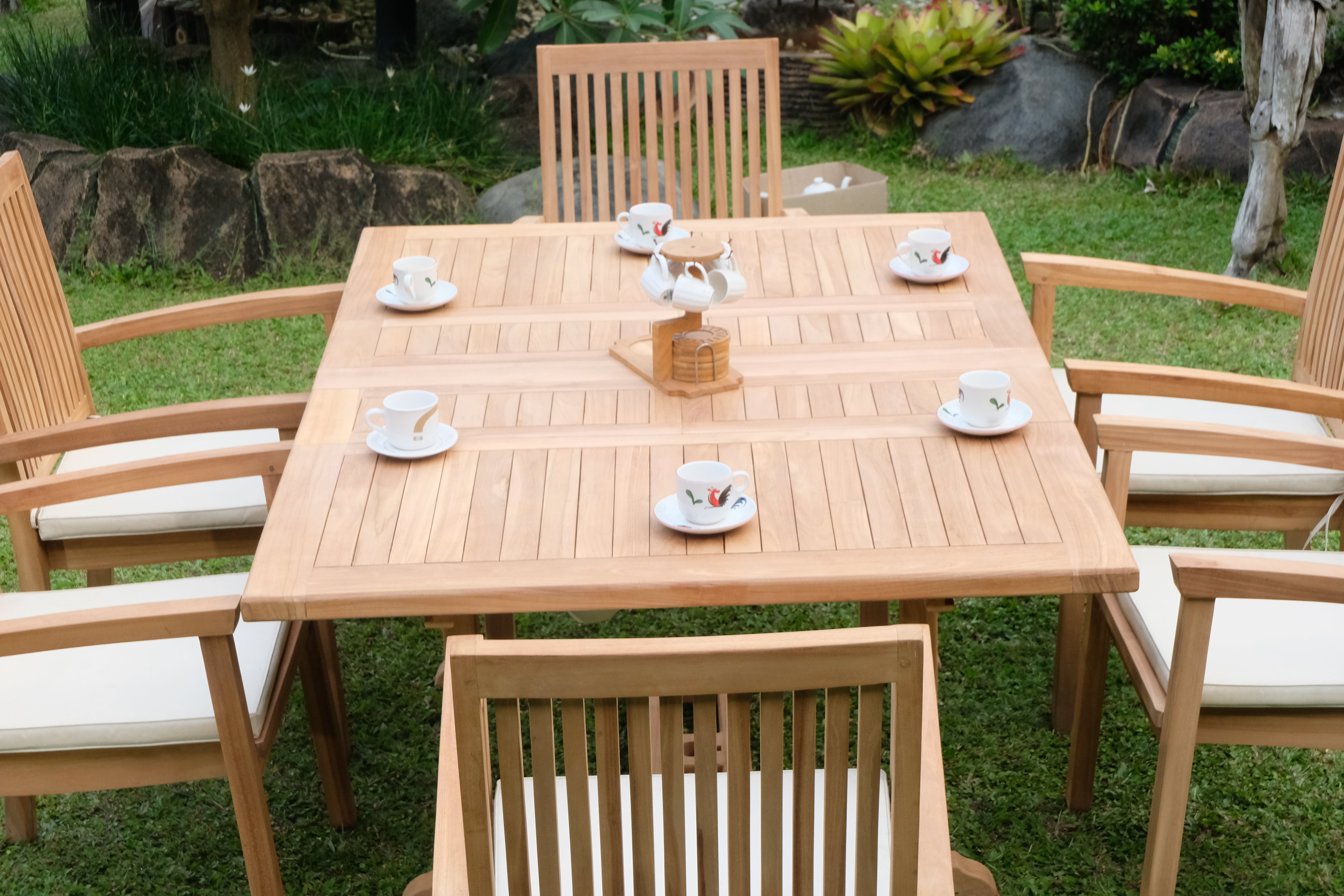 Teak Dorchester Square to Rect 6 Seater Extending Table 1.2m-1.7m ( 4cm Thick Top) with 6 Burnham  Stacking Chair (Garden / Outdoor Dining Set)