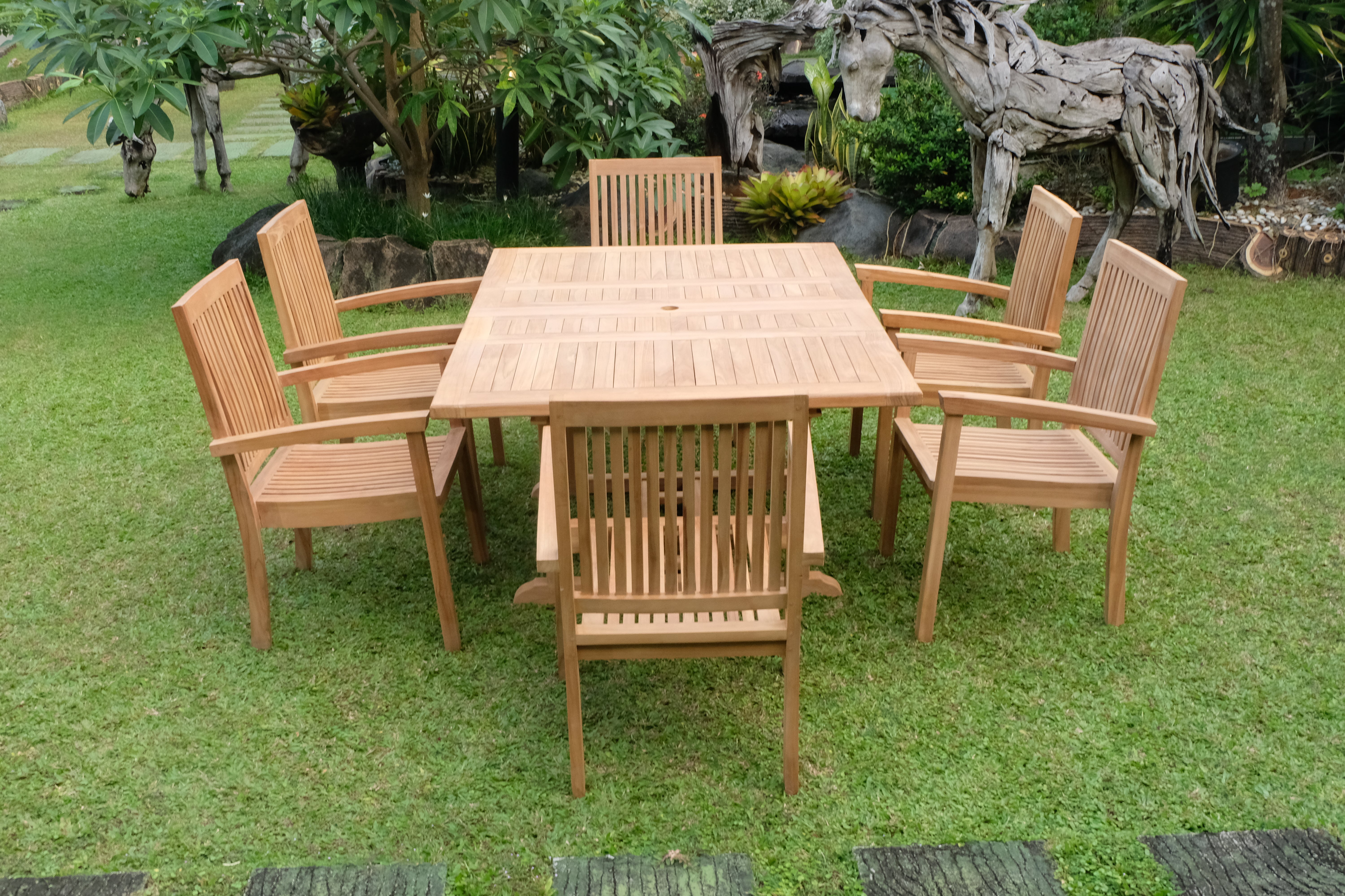 Teak Dorchester Square to Rect 6 Seater Extending Table 1.2m-1.7m ( 4cm Thick Top) with 6 Burnham  Stacking Chair (Garden / Outdoor Dining Set)