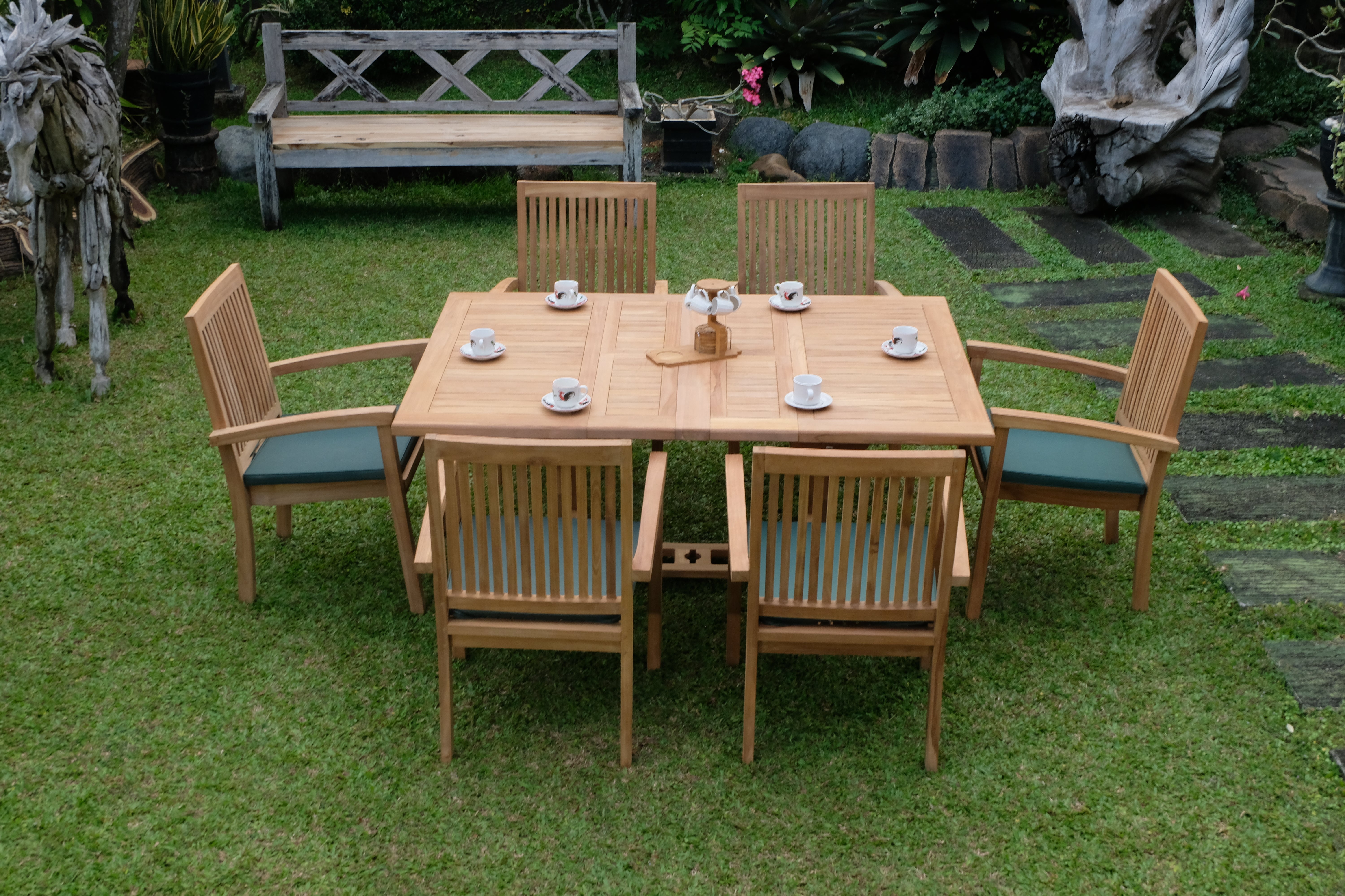 Teak Dorchester Square to Rect 6 Seater Extending Table 1.2m-1.7m ( 4cm Thick Top) with 6 Burnham  Stacking Chair (Garden / Outdoor Dining Set)