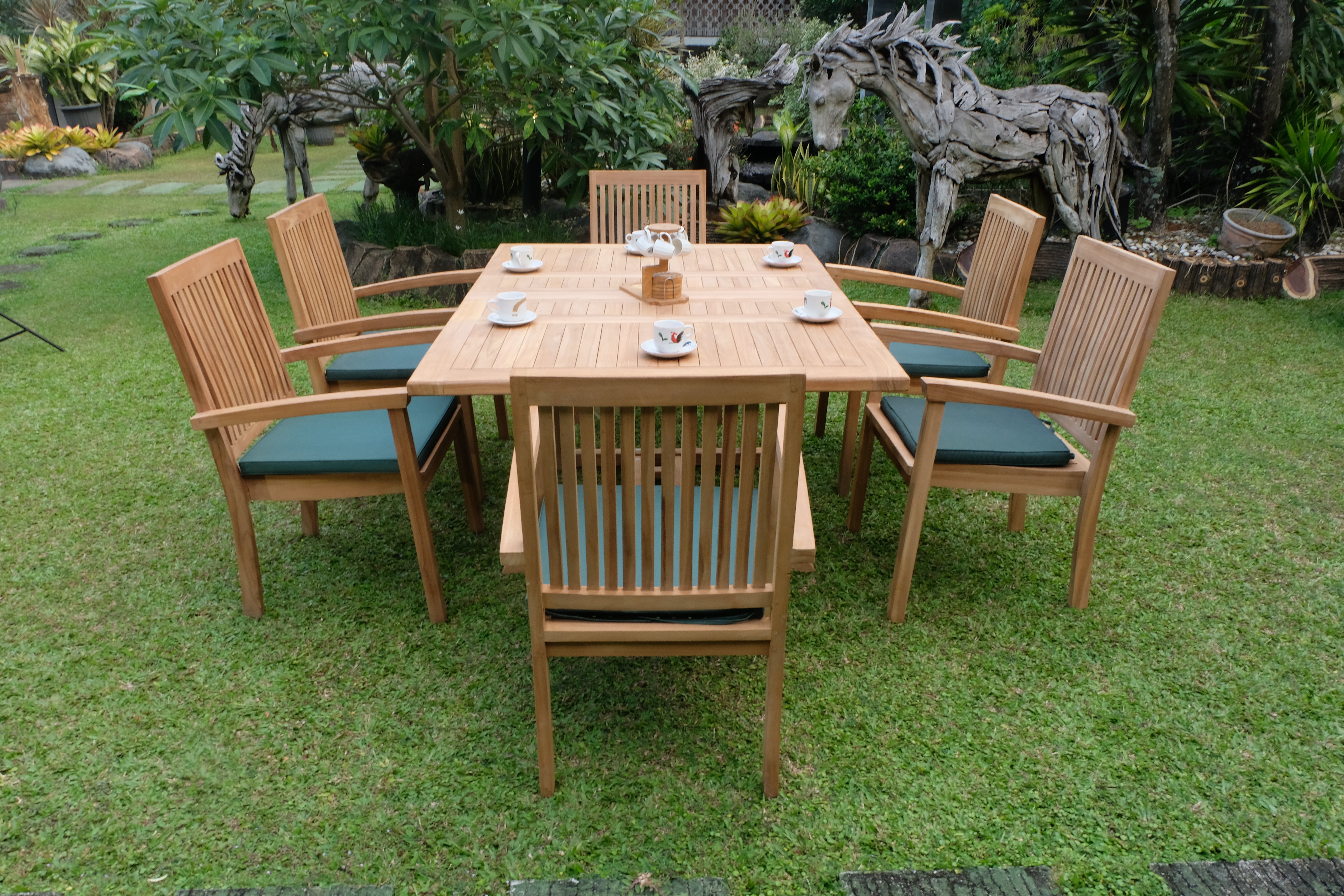 Teak Dorchester Square to Rect 6 Seater Extending Table 1.2m-1.7m ( 4cm Thick Top) with 6 Burnham  Stacking Chair (Garden / Outdoor Dining Set)