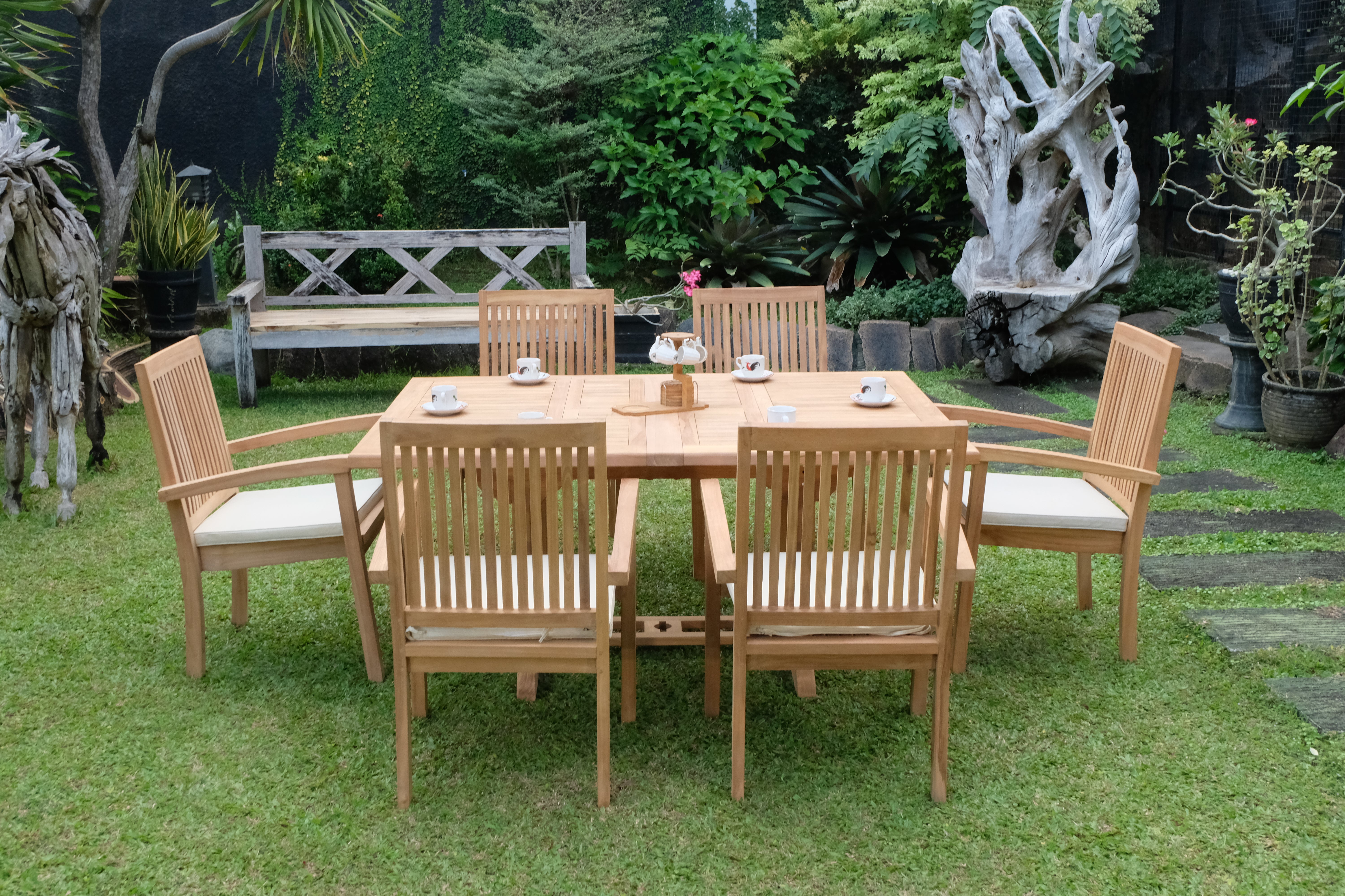 Teak Dorchester Square to Rect 6 Seater Extending Table 1.2m-1.7m ( 4cm Thick Top) with 6 Burnham  Stacking Chair (Garden / Outdoor Dining Set)