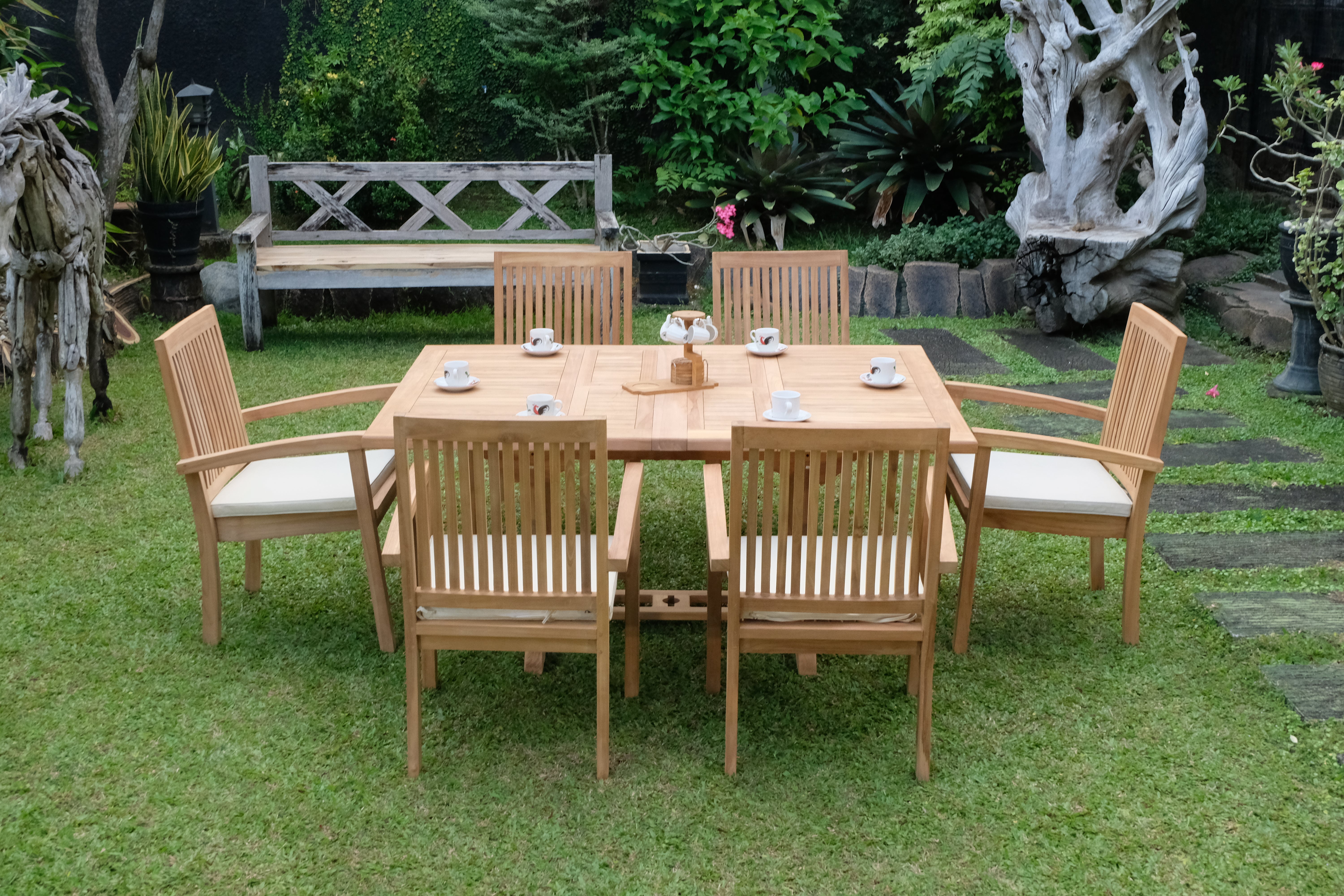Teak Dorchester Square to Rect 6 Seater Extending Table 1.2m-1.7m ( 4cm Thick Top) with 6 Burnham  Stacking Chair (Garden / Outdoor Dining Set)