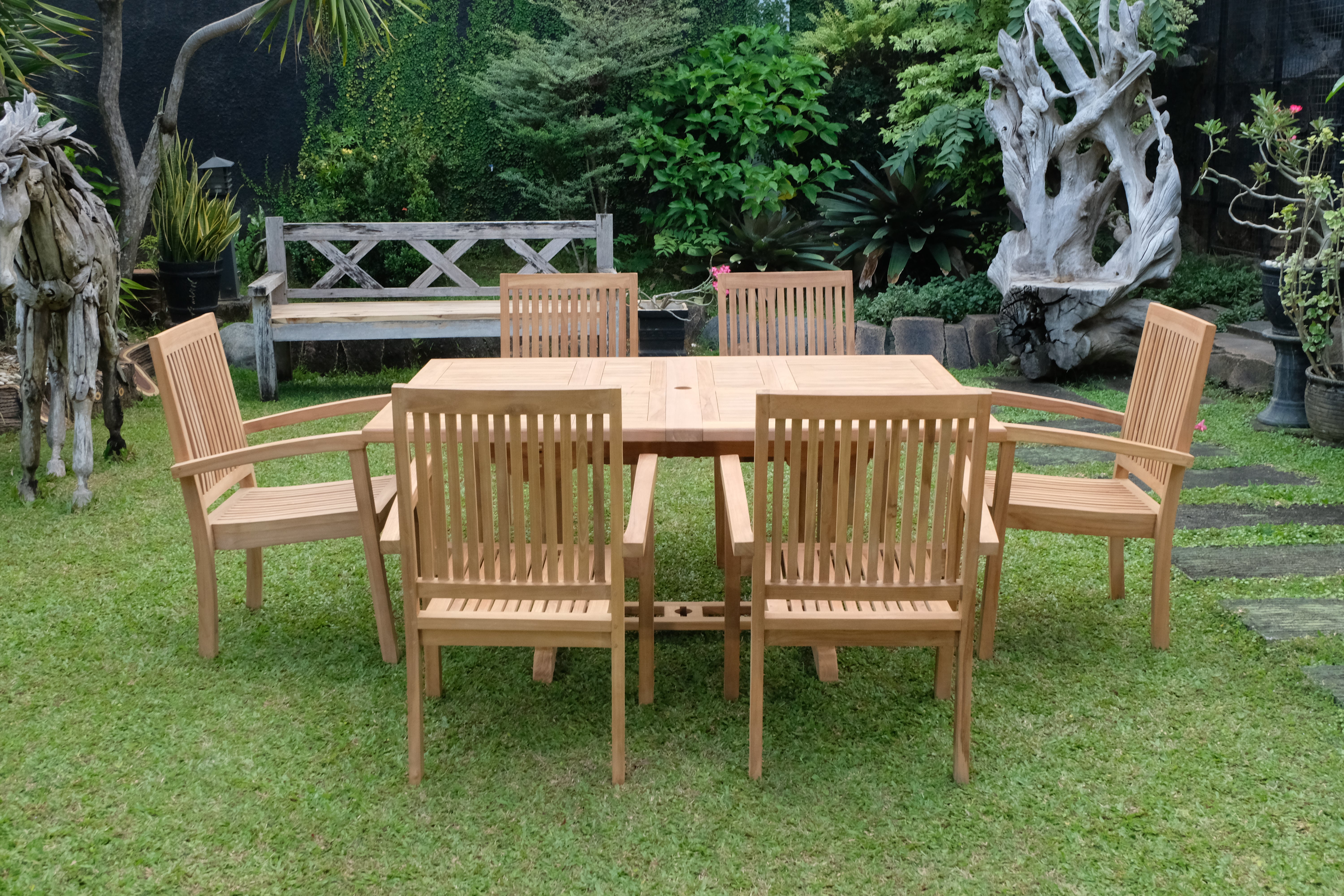 Teak Dorchester Square to Rect 6 Seater Extending Table 1.2m-1.7m ( 4cm Thick Top) with 6 Burnham  Stacking Chair (Garden / Outdoor Dining Set)
