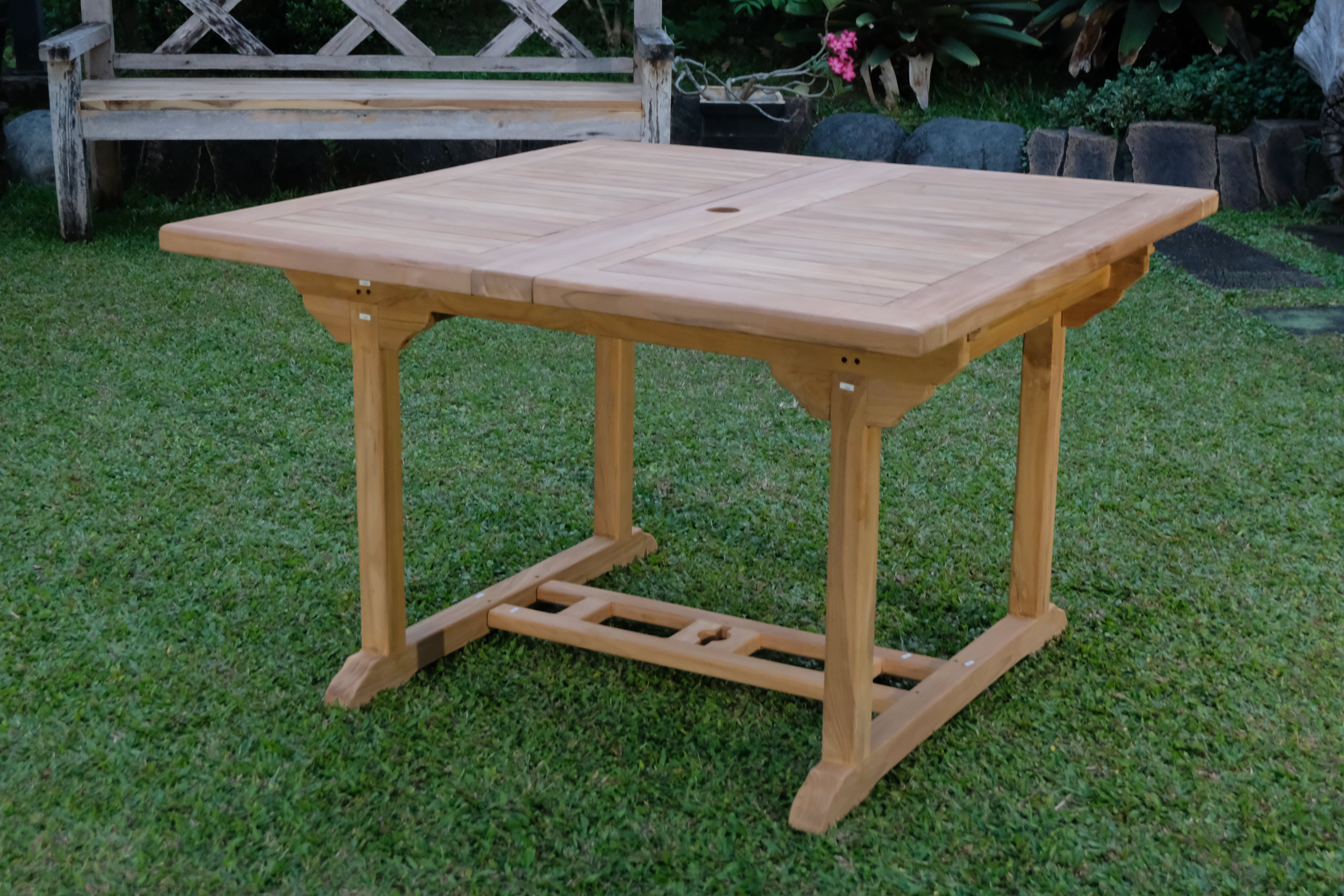 Teak Dorchester Square to Rect 6 Seater Extending Table 1.2m-1.7m ( 4cm Thick Top) with 6 Burnham  Stacking Chair (Garden / Outdoor Dining Set)