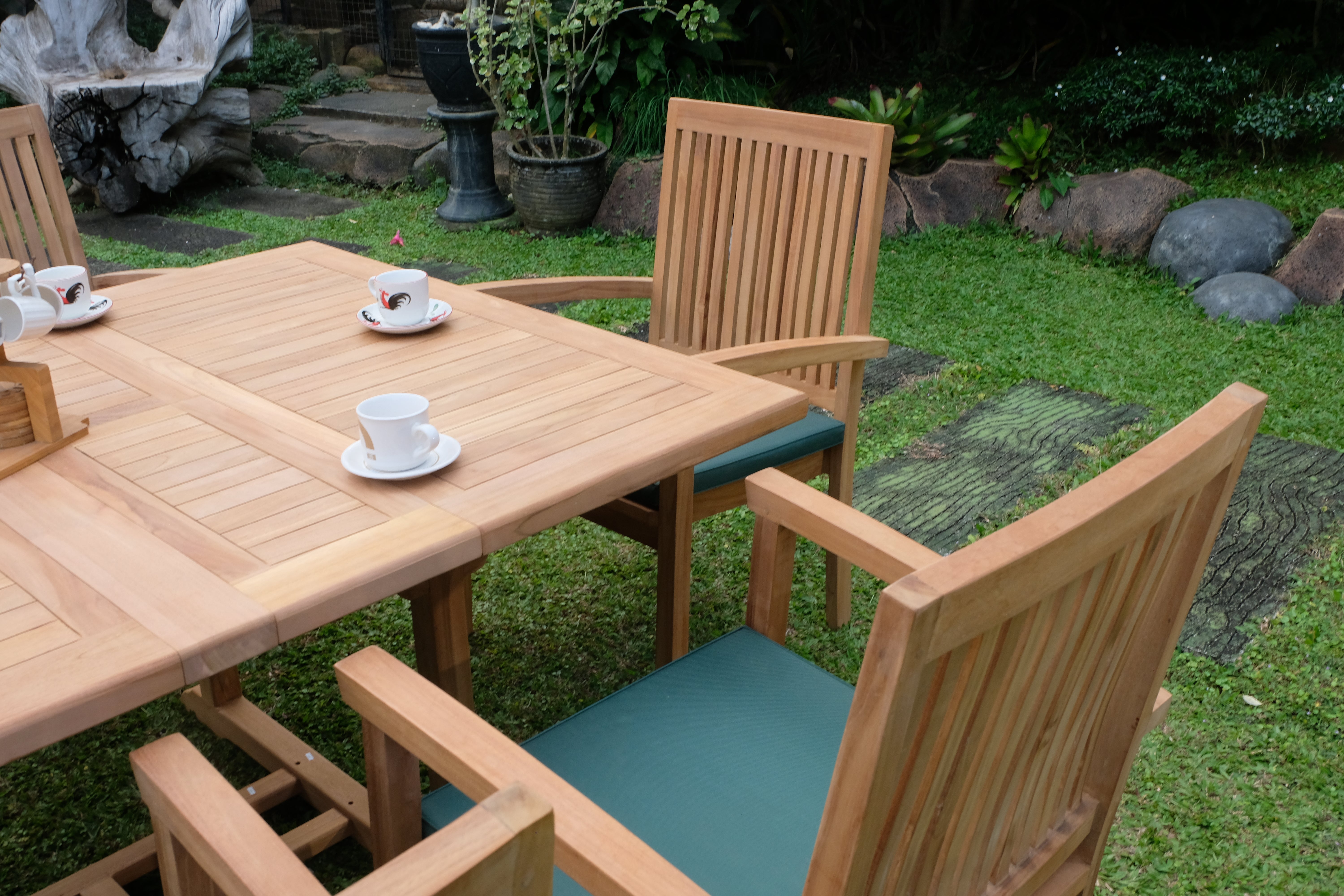 Teak Dorchester Square to Rect 6 Seater Extending Table 1.2m-1.7m ( 4cm Thick Top) with 6 Burnham  Stacking Chair (Garden / Outdoor Dining Set)