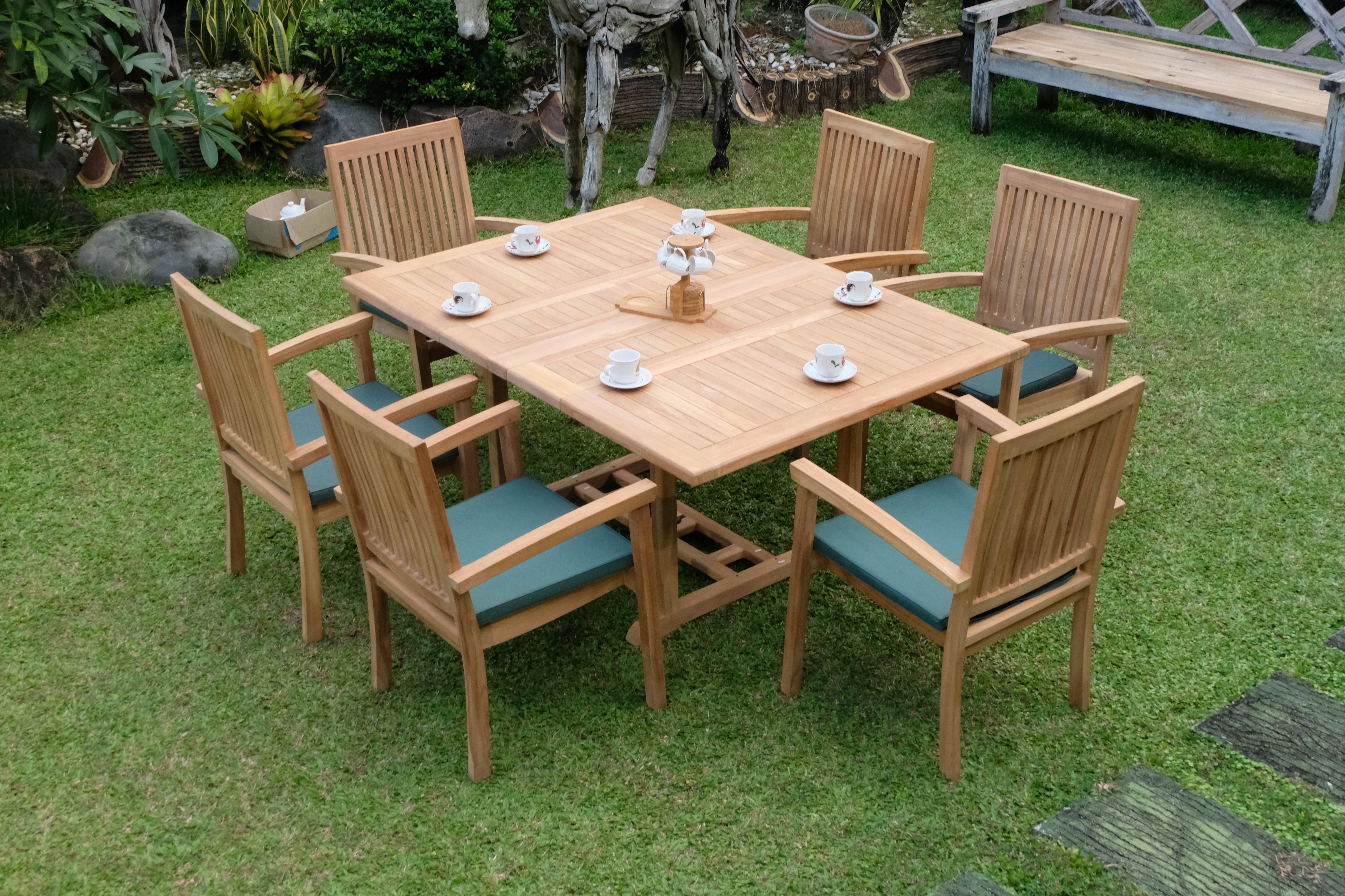 Teak Dorchester Square to Rect 6 Seater Extending Table 1.2m-1.7m ( 4cm Thick Top) with 6 Burnham  Stacking Chair (Garden / Outdoor Dining Set)