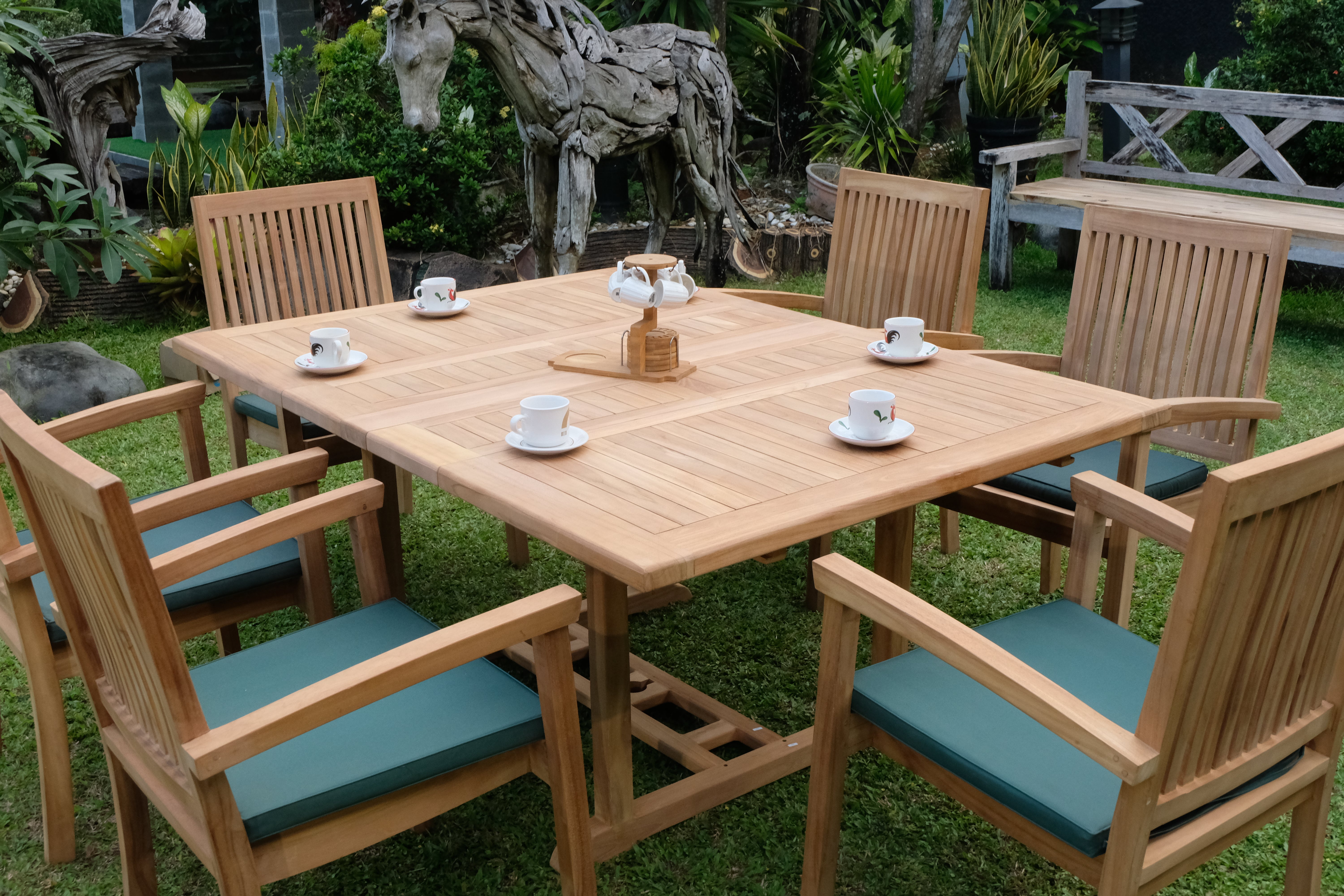 Teak Dorchester Square to Rect 6 Seater Extending Table 1.2m-1.7m ( 4cm Thick Top) with 6 Burnham  Stacking Chair (Garden / Outdoor Dining Set)