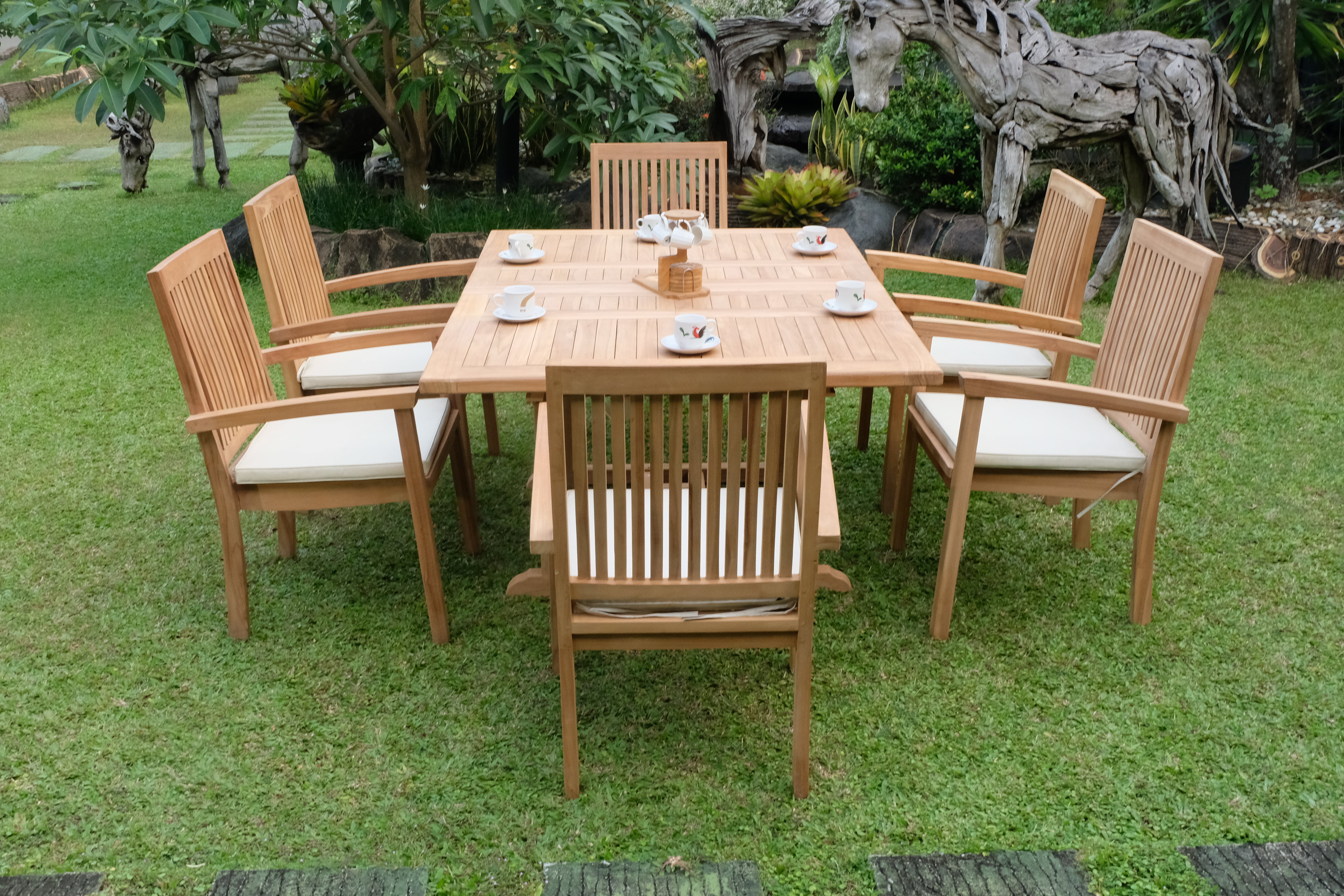 Teak Dorchester Square to Rect 6 Seater Extending Table 1.2m-1.7m ( 4cm Thick Top) with 6 Burnham  Stacking Chair (Garden / Outdoor Dining Set)