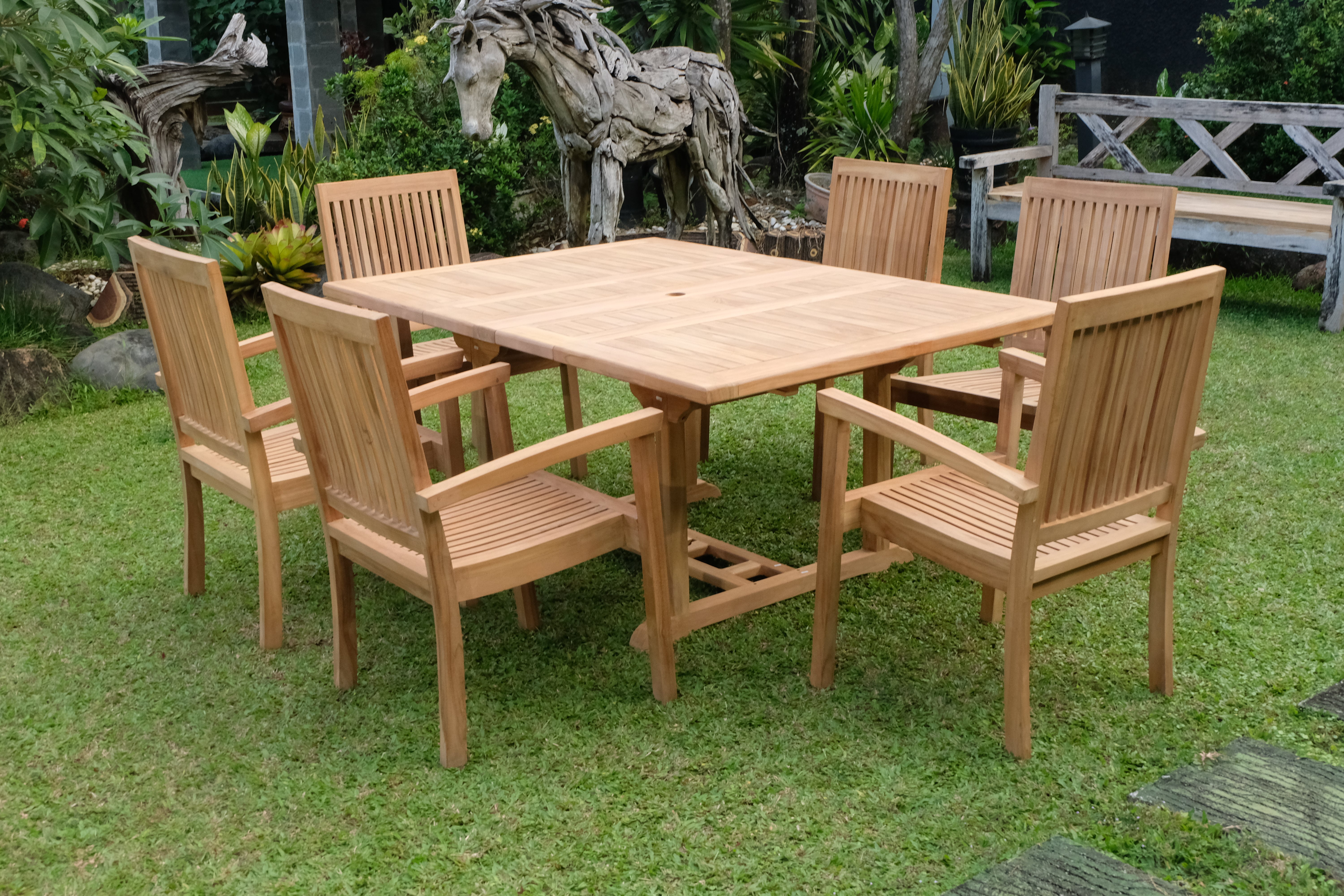 Teak Dorchester Square to Rect 6 Seater Extending Table 1.2m-1.7m ( 4cm Thick Top) with 6 Burnham  Stacking Chair (Garden / Outdoor Dining Set)