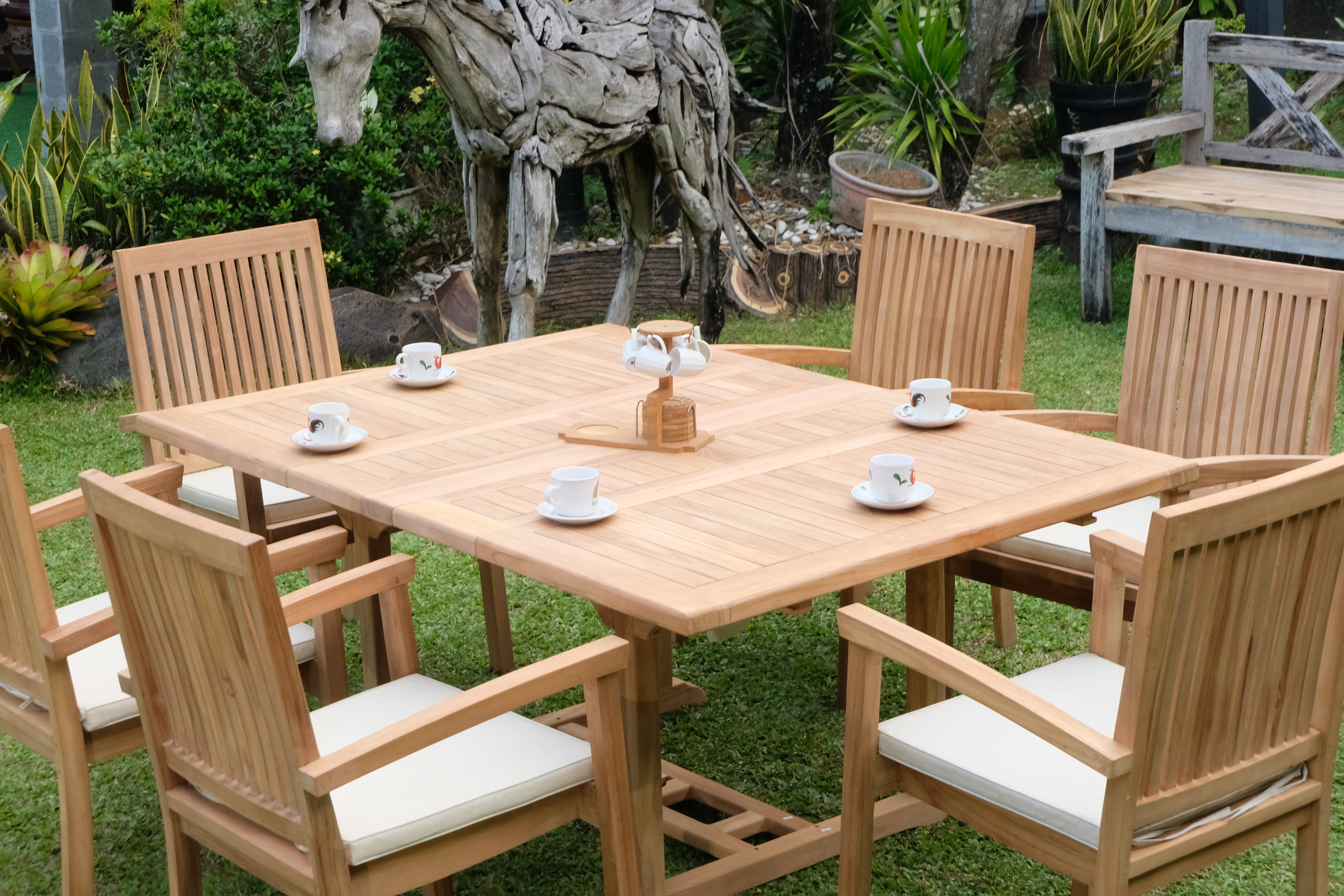 Teak Dorchester Square to Rect 6 Seater Extending Table 1.2m-1.7m ( 4cm Thick Top) with 6 Burnham  Stacking Chair (Garden / Outdoor Dining Set)