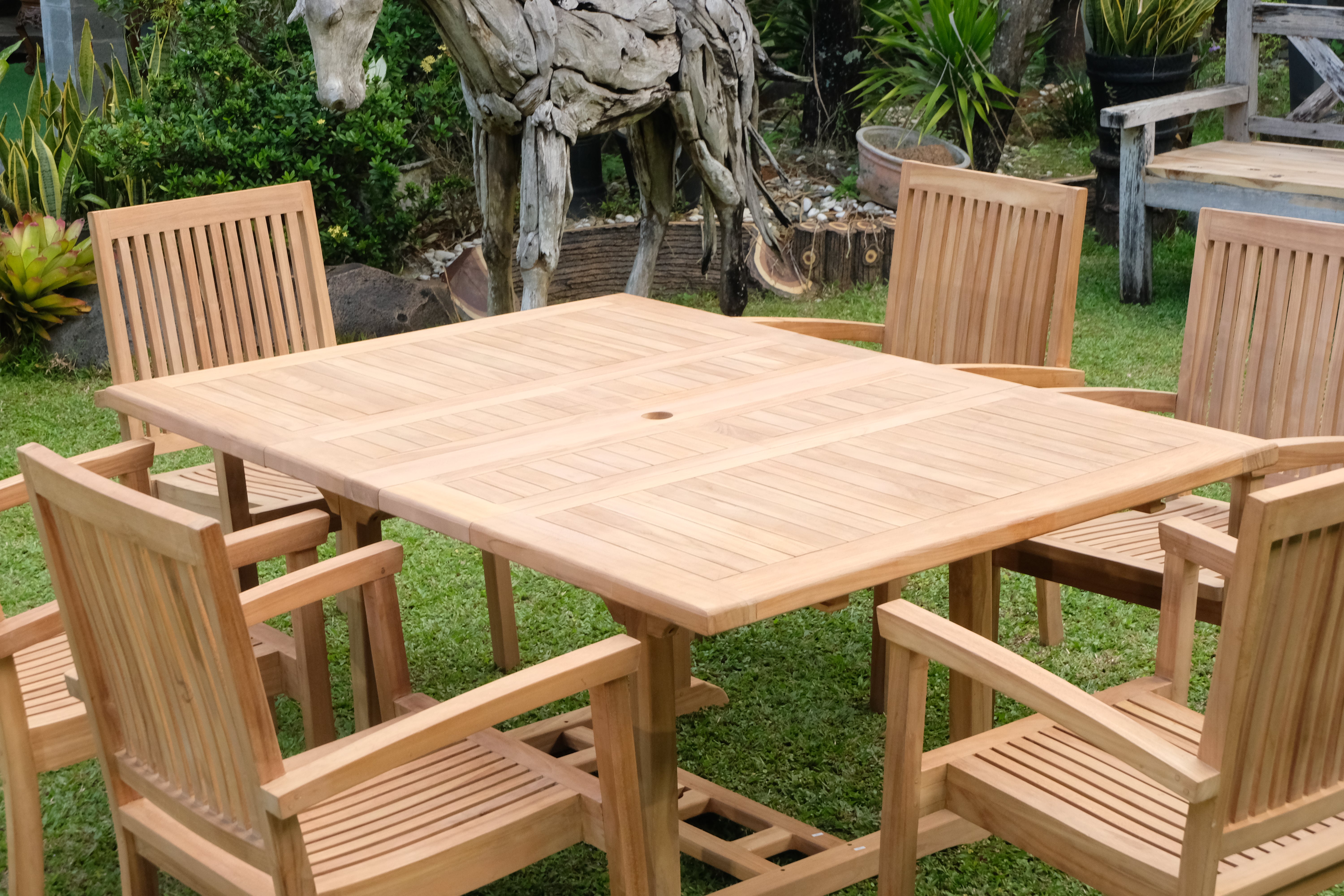 Teak Dorchester Square to Rect 6 Seater Extending Table 1.2m-1.7m ( 4cm Thick Top) with 6 Burnham  Stacking Chair (Garden / Outdoor Dining Set)