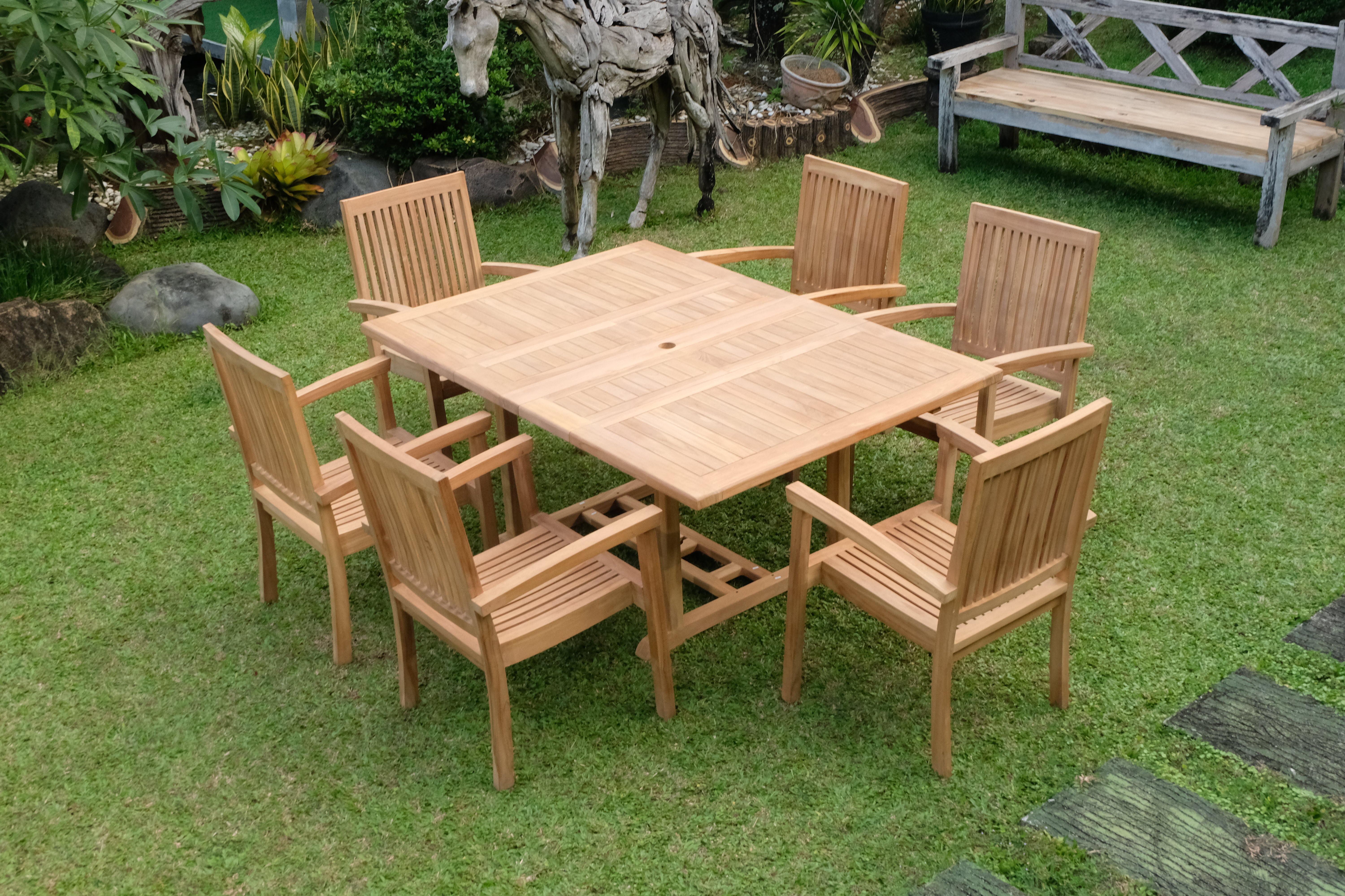 Teak Dorchester Square to Rect 6 Seater Extending Table 1.2m-1.7m ( 4cm Thick Top) with 6 Burnham  Stacking Chair (Garden / Outdoor Dining Set)