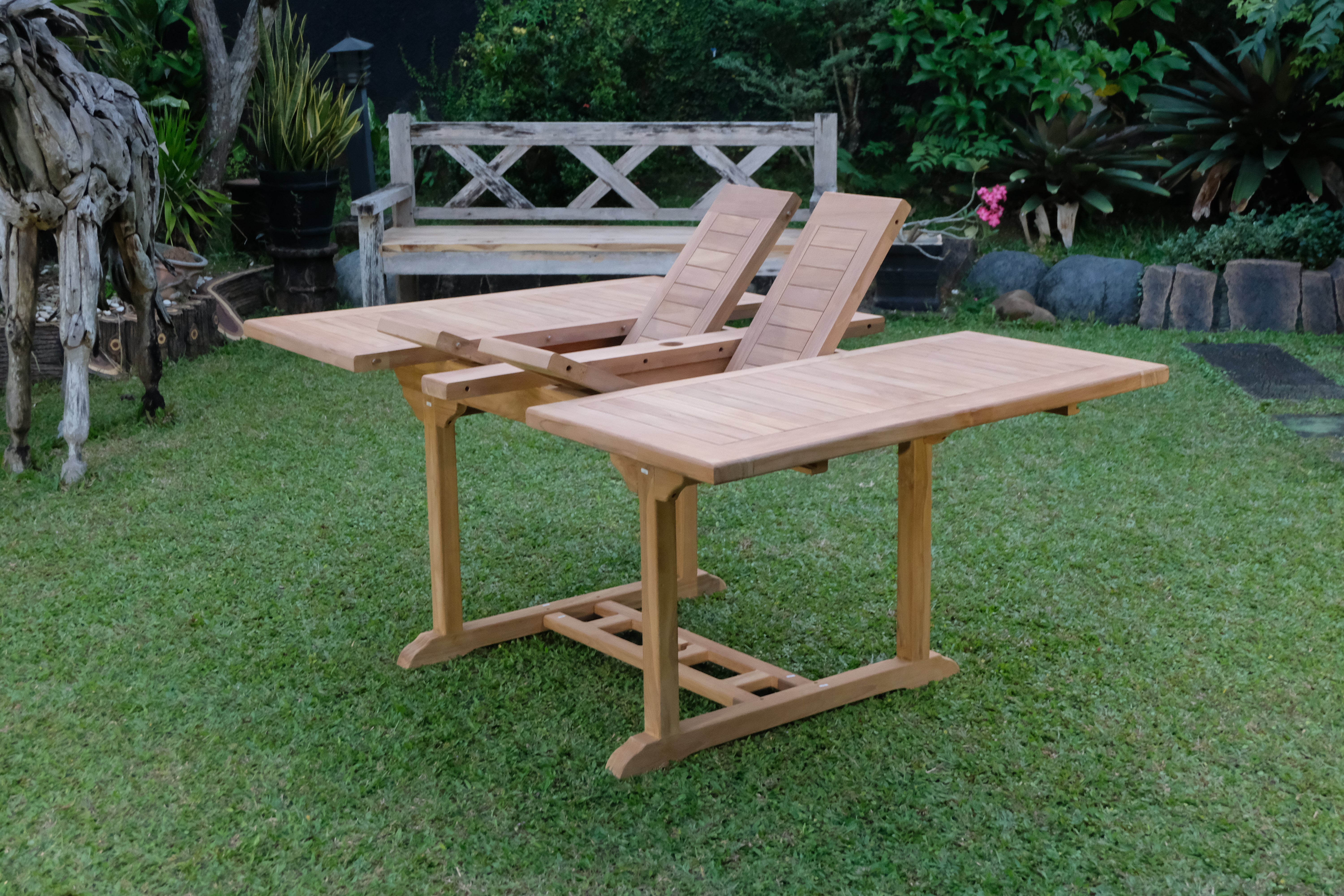 Teak Dorchester Square to Rect 6 Seater Extending Table 1.2m-1.7m ( 4cm Thick Top) with 6 Burnham  Stacking Chair (Garden / Outdoor Dining Set)