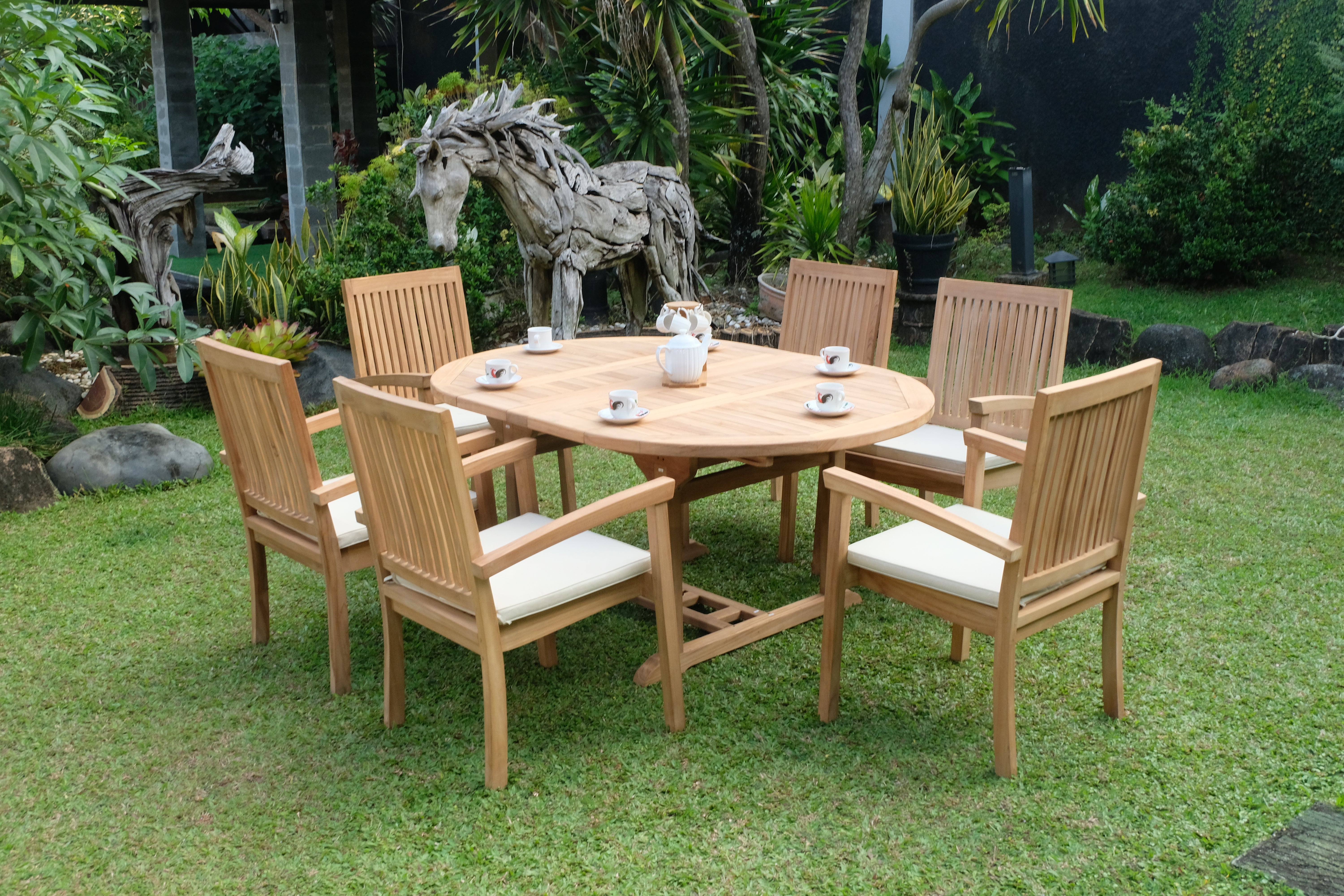 Teak Dorchester 6 Seater  Round to Oval Extending Table 1.2m-1.7m ( 4cm Thick Top) with 6 Burnham Stacking Chair (Garden / Outdoor Dining Set)