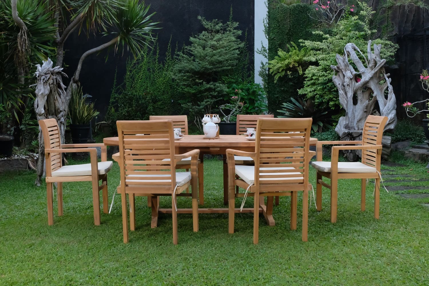 Teak Sunburst Oval 8 Seater Table  200cm (4cm Thick Top) with 6 Belgrave Stacking Chairs (Garden / Outdoor Dining Set)