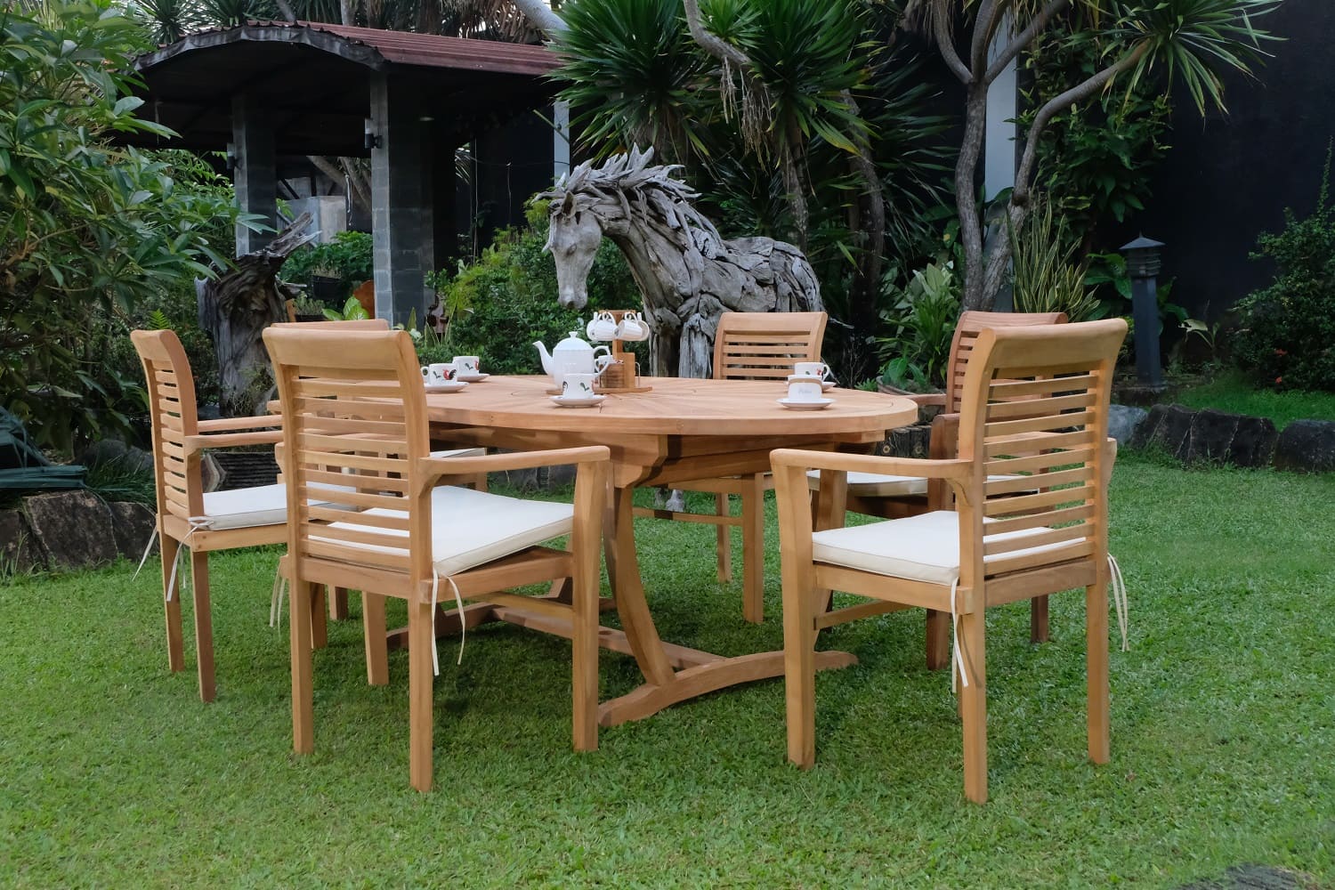 Teak Sunburst Oval 8 Seater Table  200cm (4cm Thick Top) with 6 Belgrave Stacking Chairs (Garden / Outdoor Dining Set)