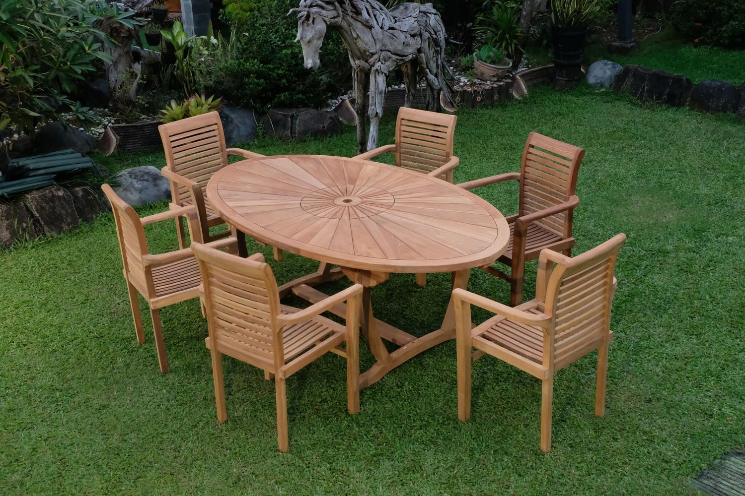 Teak Sunburst Oval 8 Seater Table  200cm (4cm Thick Top) with 6 Belgrave Stacking Chairs (Garden / Outdoor Dining Set)