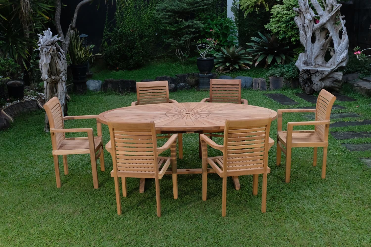 Teak Sunburst Oval 8 Seater Table  200cm (4cm Thick Top) with 6 Belgrave Stacking Chairs (Garden / Outdoor Dining Set)