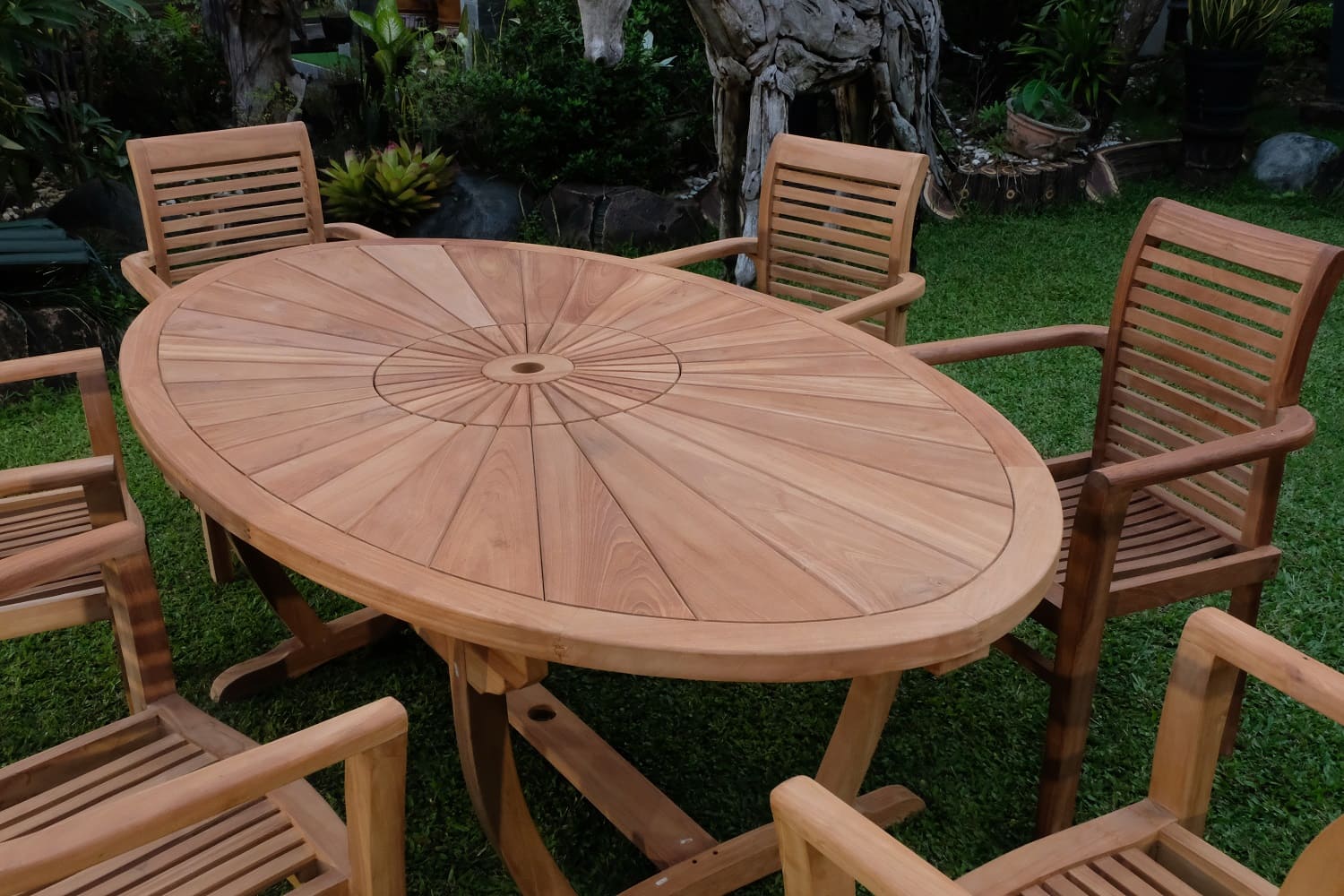 Teak Sunburst Oval 8 Seater Table  200cm (4cm Thick Top) with 6 Belgrave Stacking Chairs (Garden / Outdoor Dining Set)