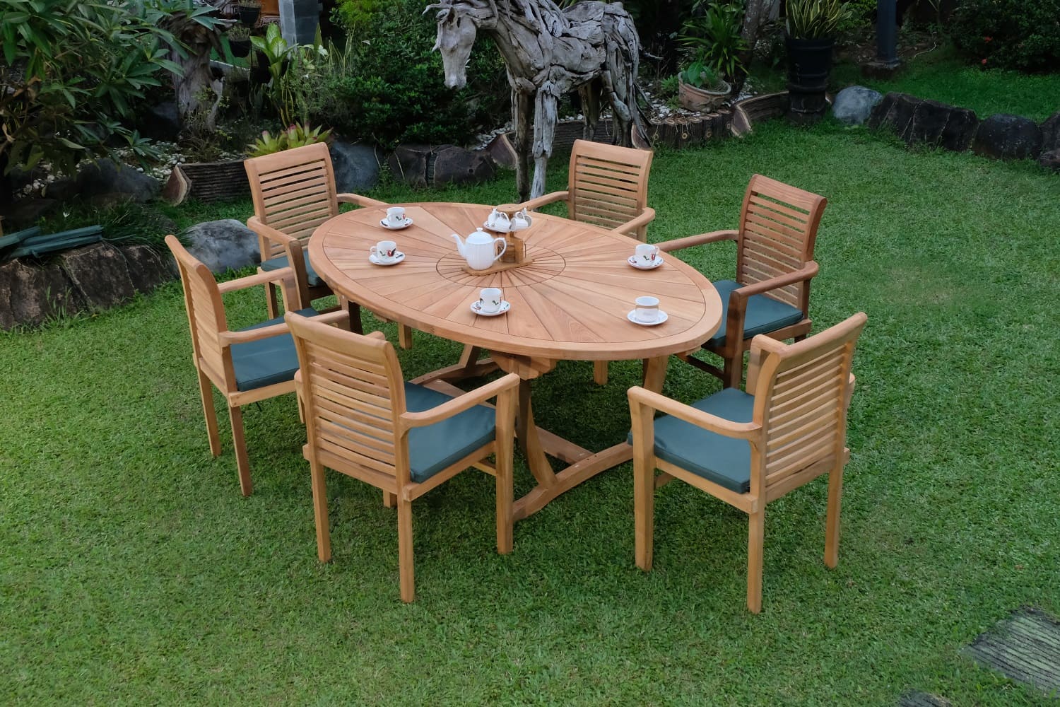 Teak Sunburst Oval 8 Seater Table  200cm (4cm Thick Top) with 6 Belgrave Stacking Chairs (Garden / Outdoor Dining Set)