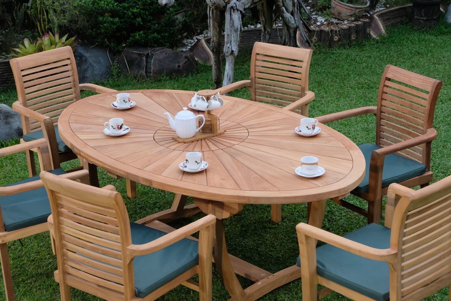 Teak Sunburst Oval 8 Seater Table  200cm (4cm Thick Top) with 6 Belgrave Stacking Chairs (Garden / Outdoor Dining Set)
