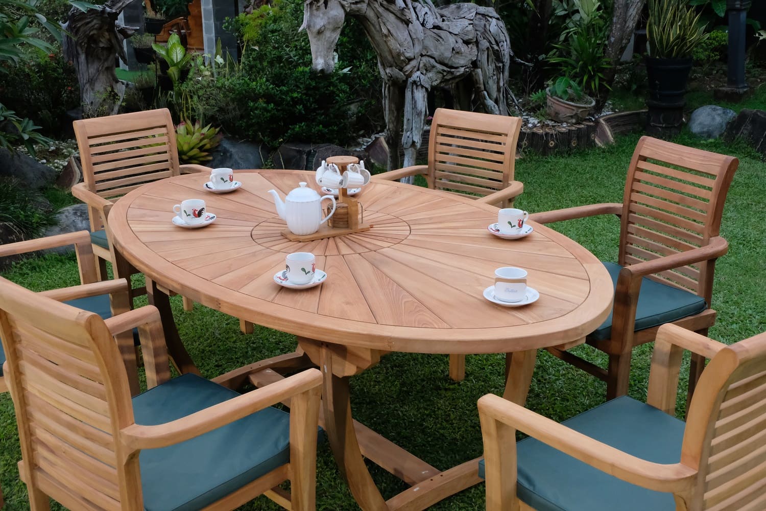 Teak Sunburst Oval 8 Seater Table  200cm (4cm Thick Top) with 6 Belgrave Stacking Chairs (Garden / Outdoor Dining Set)