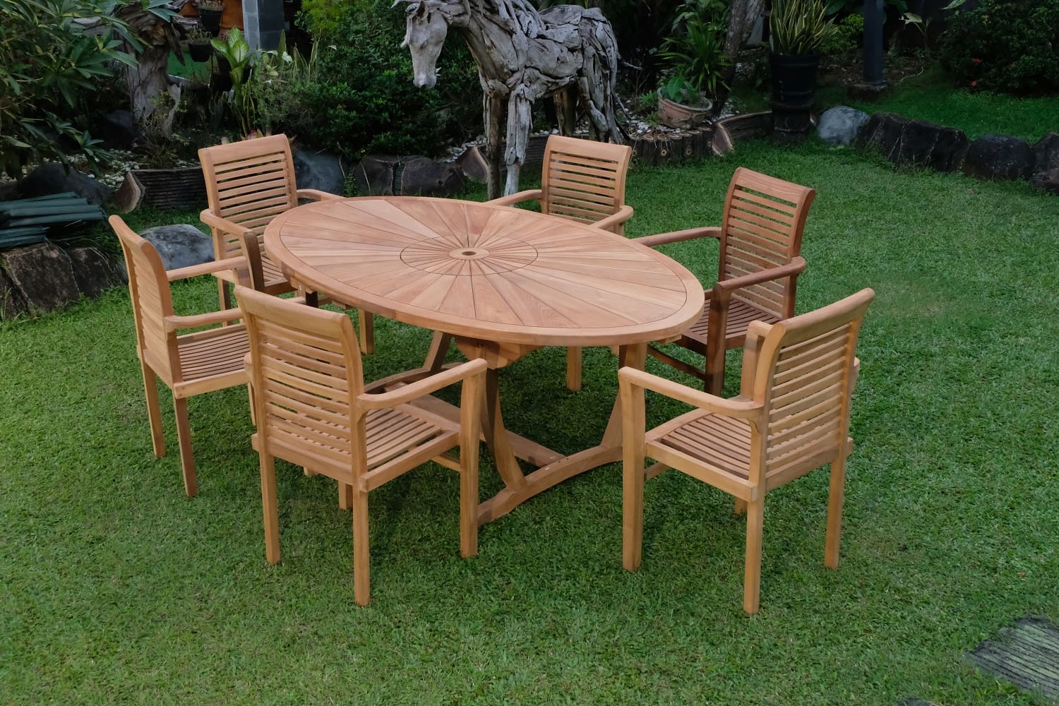 Teak Sunburst Oval 8 Seater Table  200cm (4cm Thick Top) with 6 Belgrave Stacking Chairs (Garden / Outdoor Dining Set)