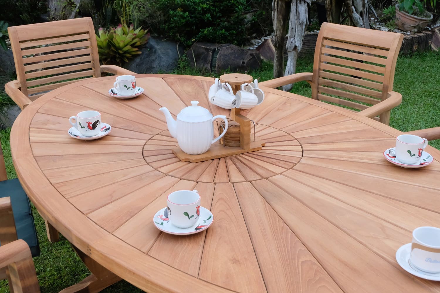 Teak Sunburst Oval 8 Seater Table  200cm (4cm Thick Top) with 6 Belgrave Stacking Chairs (Garden / Outdoor Dining Set)