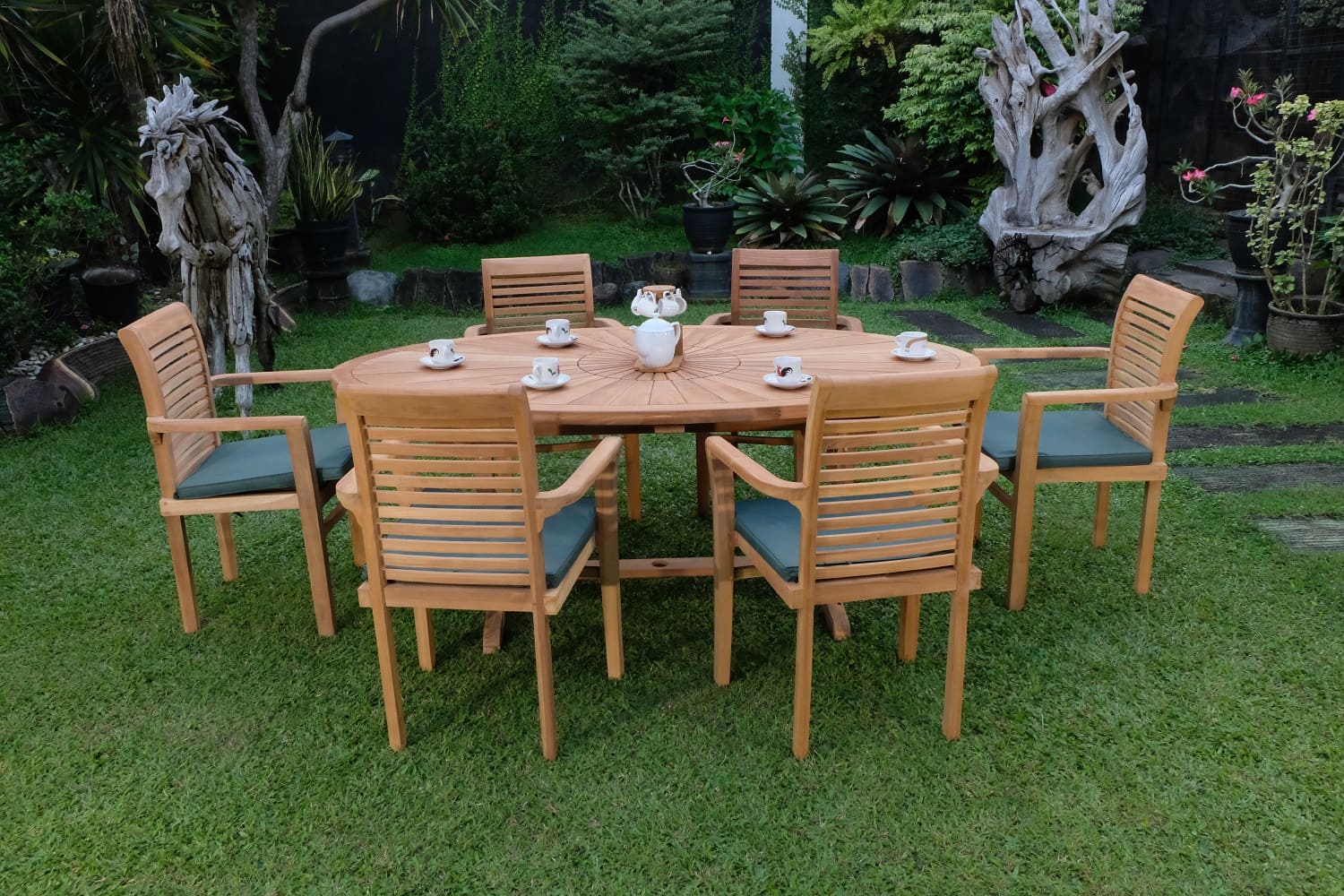 Teak Sunburst Oval 8 Seater Table  200cm (4cm Thick Top) with 6 Belgrave Stacking Chairs (Garden / Outdoor Dining Set)