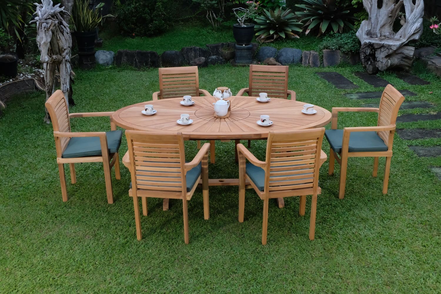 Teak Sunburst Oval 8 Seater Table  200cm (4cm Thick Top) with 6 Belgrave Stacking Chairs (Garden / Outdoor Dining Set)