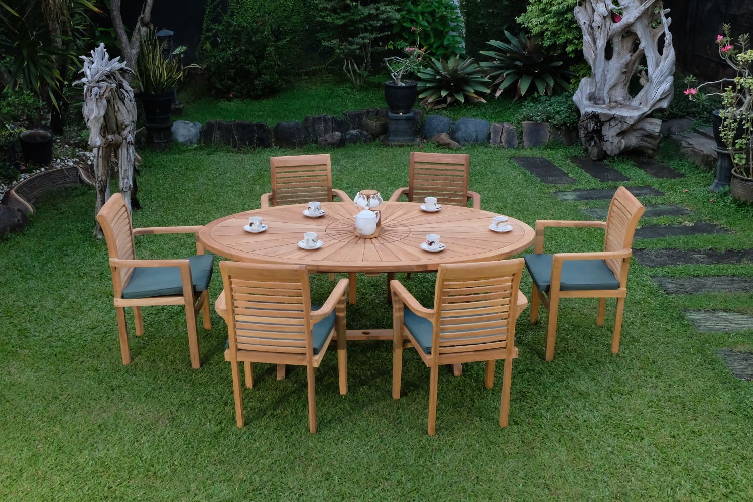 Teak Sunburst Oval 8 Seater Table  200cm (4cm Thick Top) with 6 Belgrave Stacking Chairs (Garden / Outdoor Dining Set)