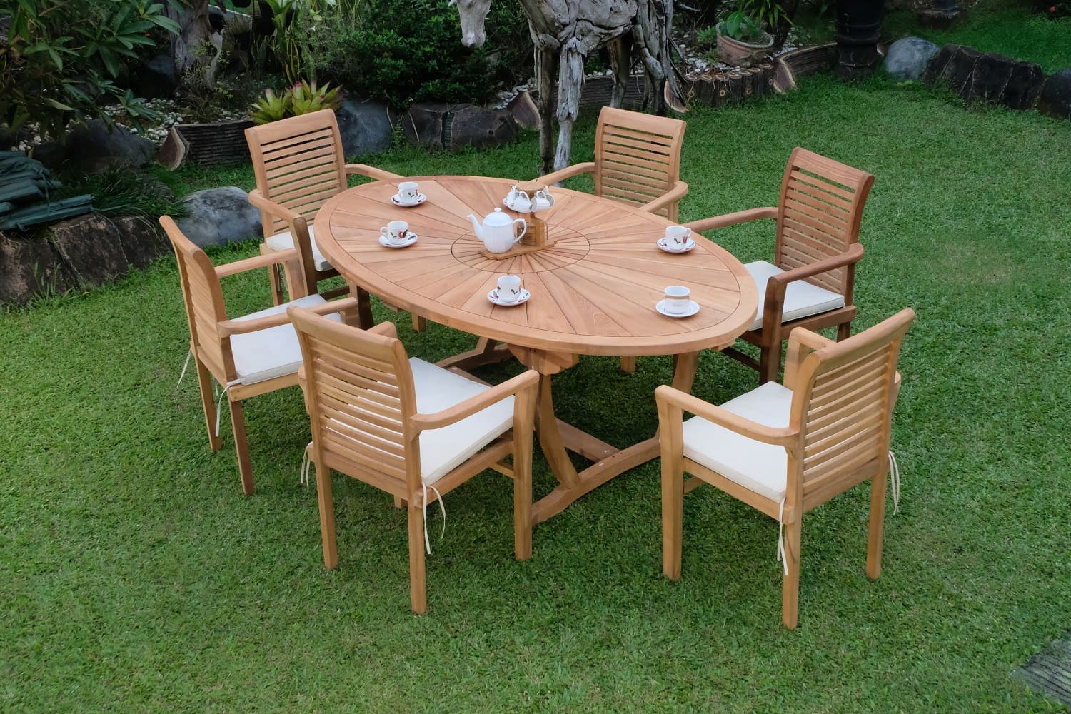 Teak Sunburst Oval 8 Seater Table  200cm (4cm Thick Top) with 6 Belgrave Stacking Chairs (Garden / Outdoor Dining Set)