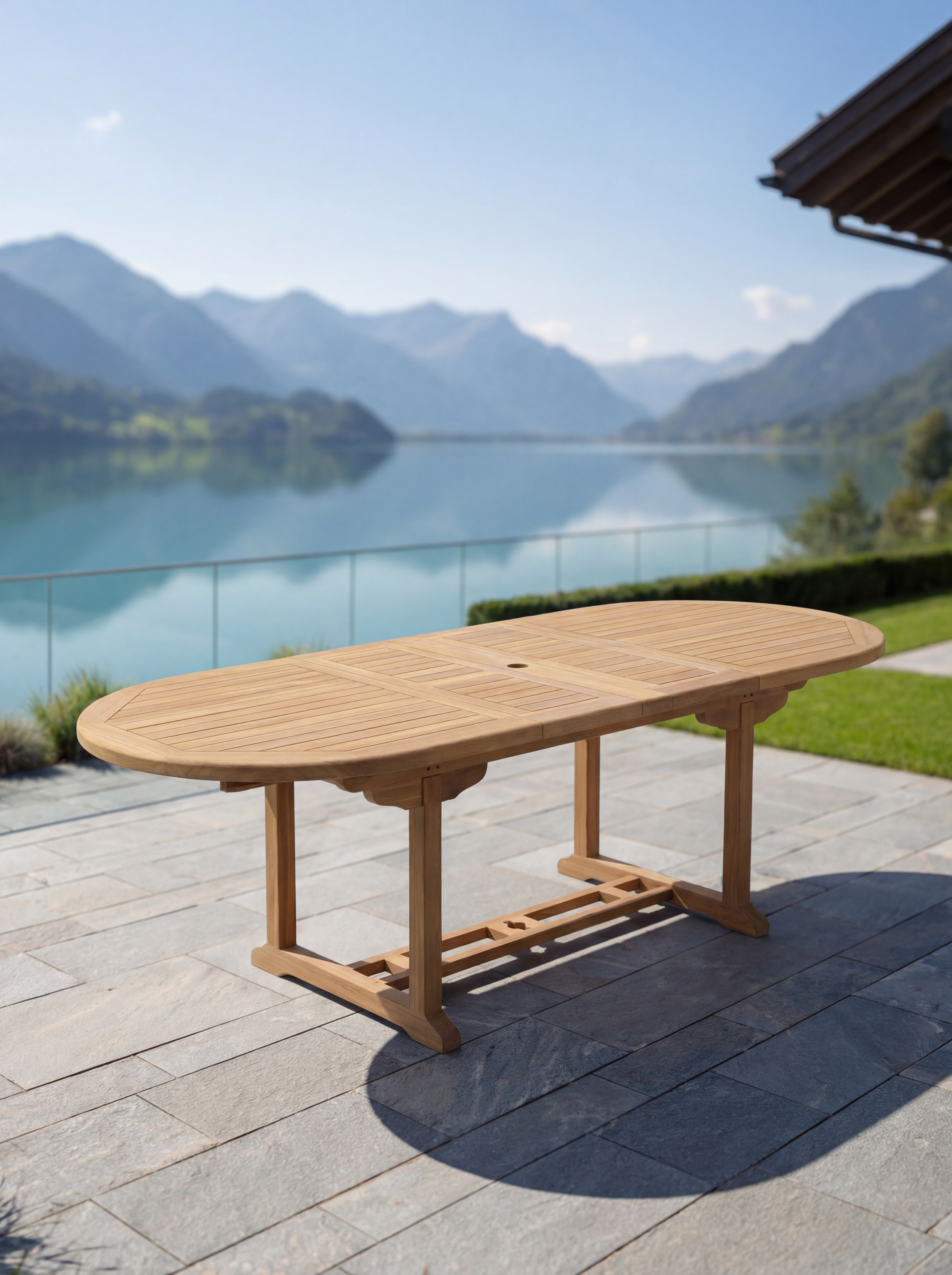 Teak Belgrave 8 Seater Extending Table 1.8m-2.4m (4cm Thick Top) with 8 ×Teak Banana Chair Horizontal Slats (Garden / Outdoor Dining Set)