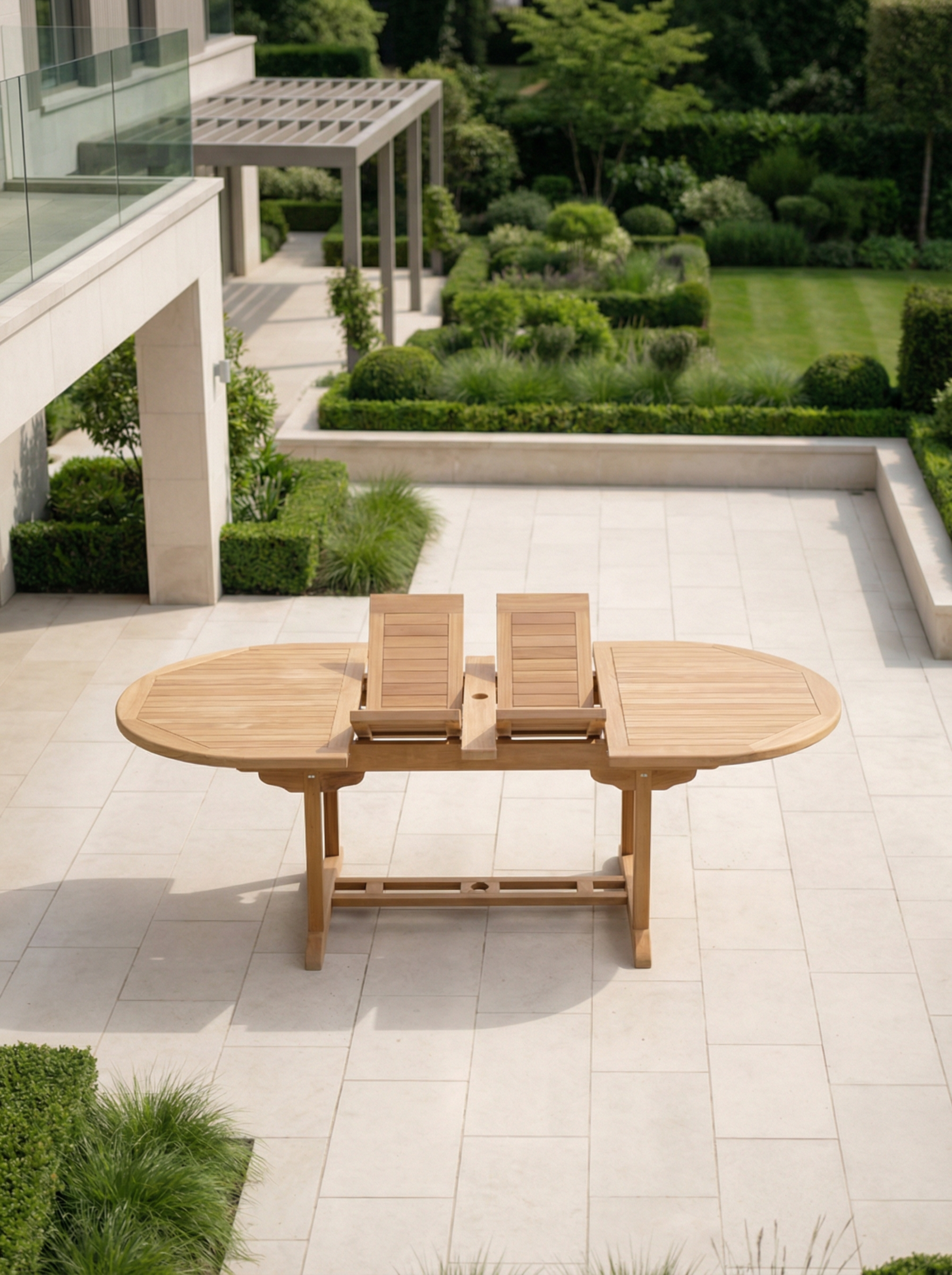 Teak Belgrave 8 Seater Extending Table 1.8m-2.4m (4cm Thick Top) with 2×Teak Banana Bench and 2 ×Teak Banana Chairs Horizontal Slats (Garden / Outdoor Dining Set)