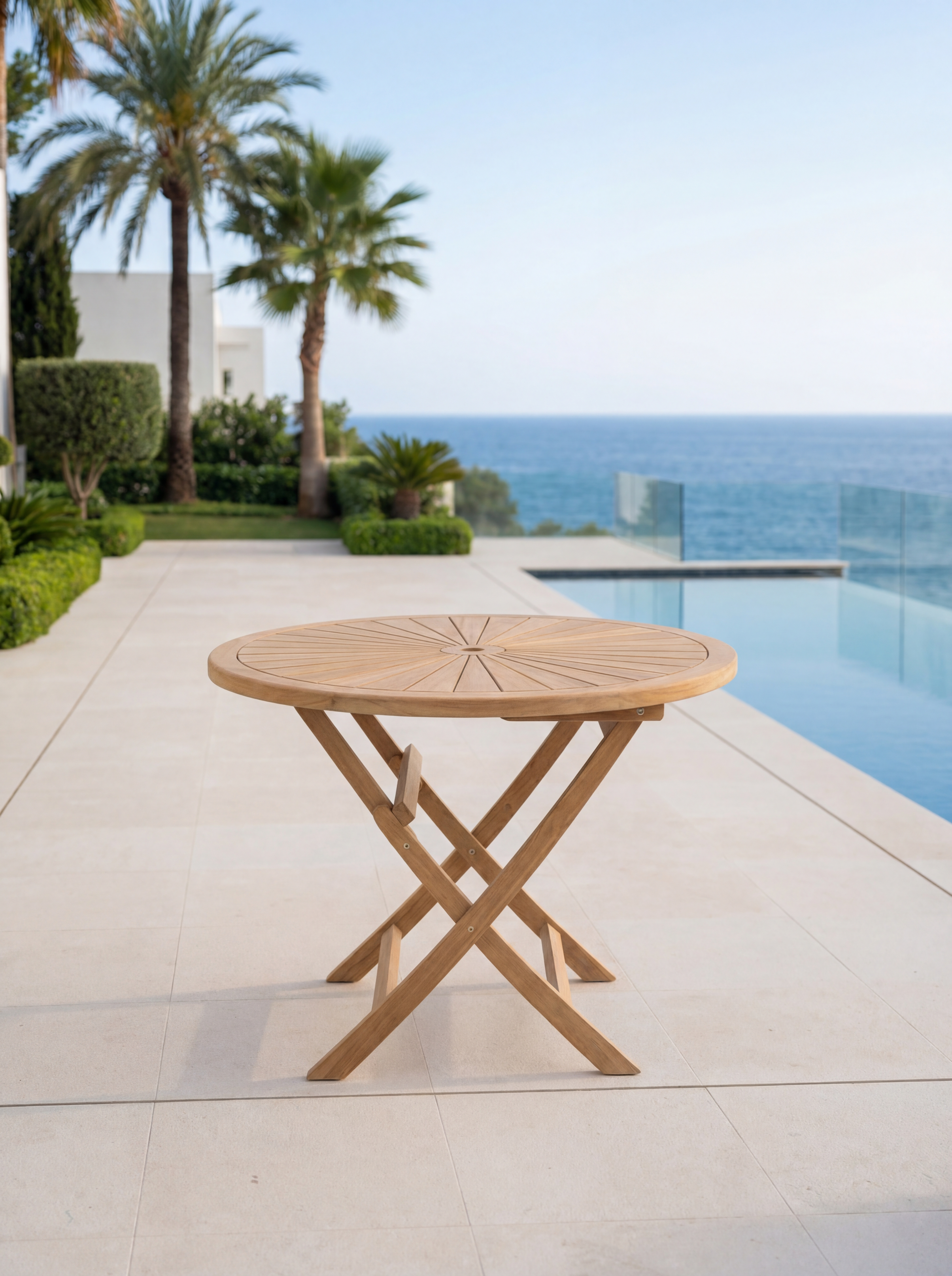 Teak Sunburst Folding Table 120cm (4cm Thick Top) with Teak Banana Chair Vertical Slat(Garden / Outdoor Dining Set)