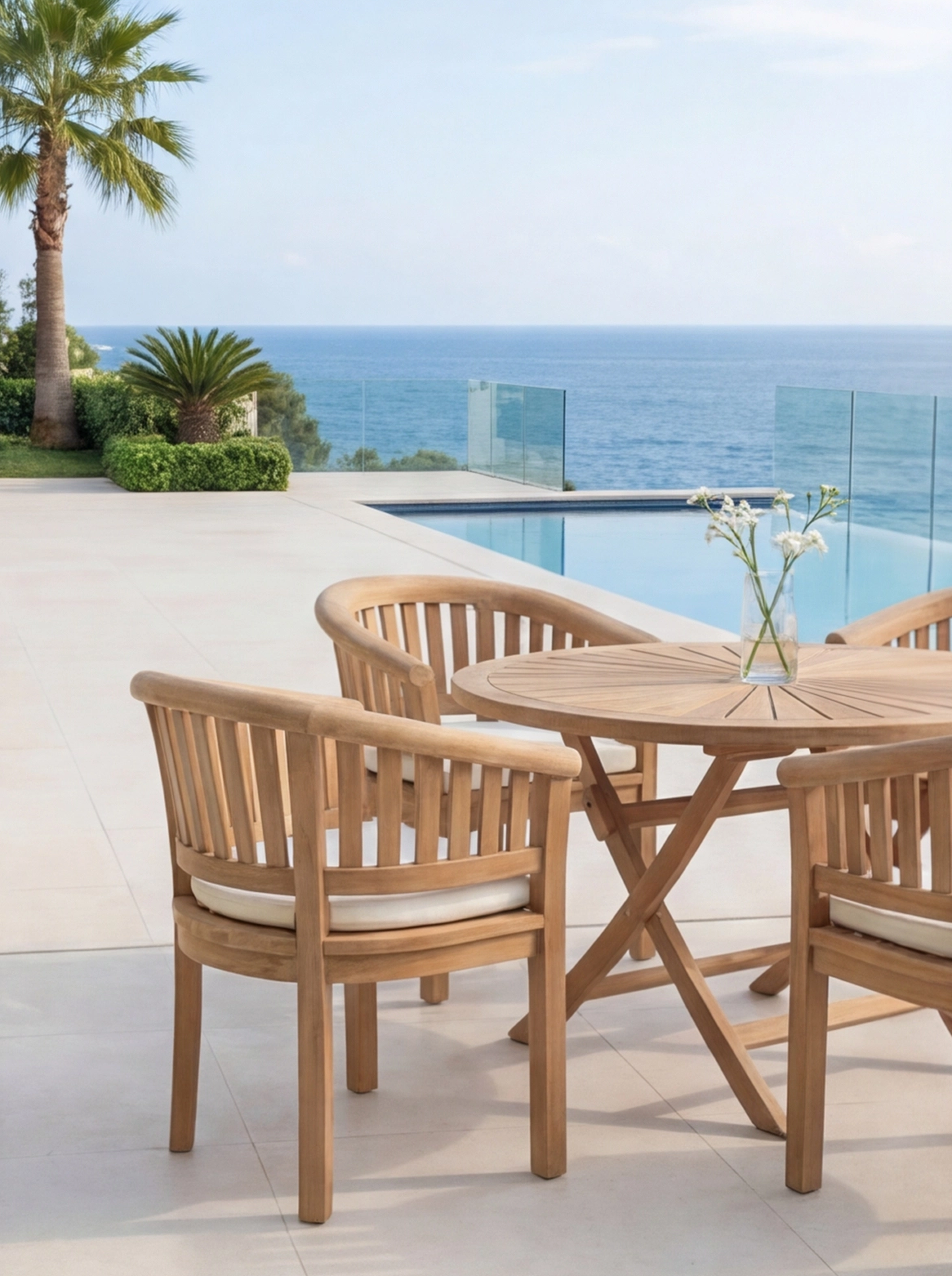 Teak Sunburst Folding Table 120cm (4cm Thick Top) with Teak Banana Chair Vertical Slat(Garden / Outdoor Dining Set)