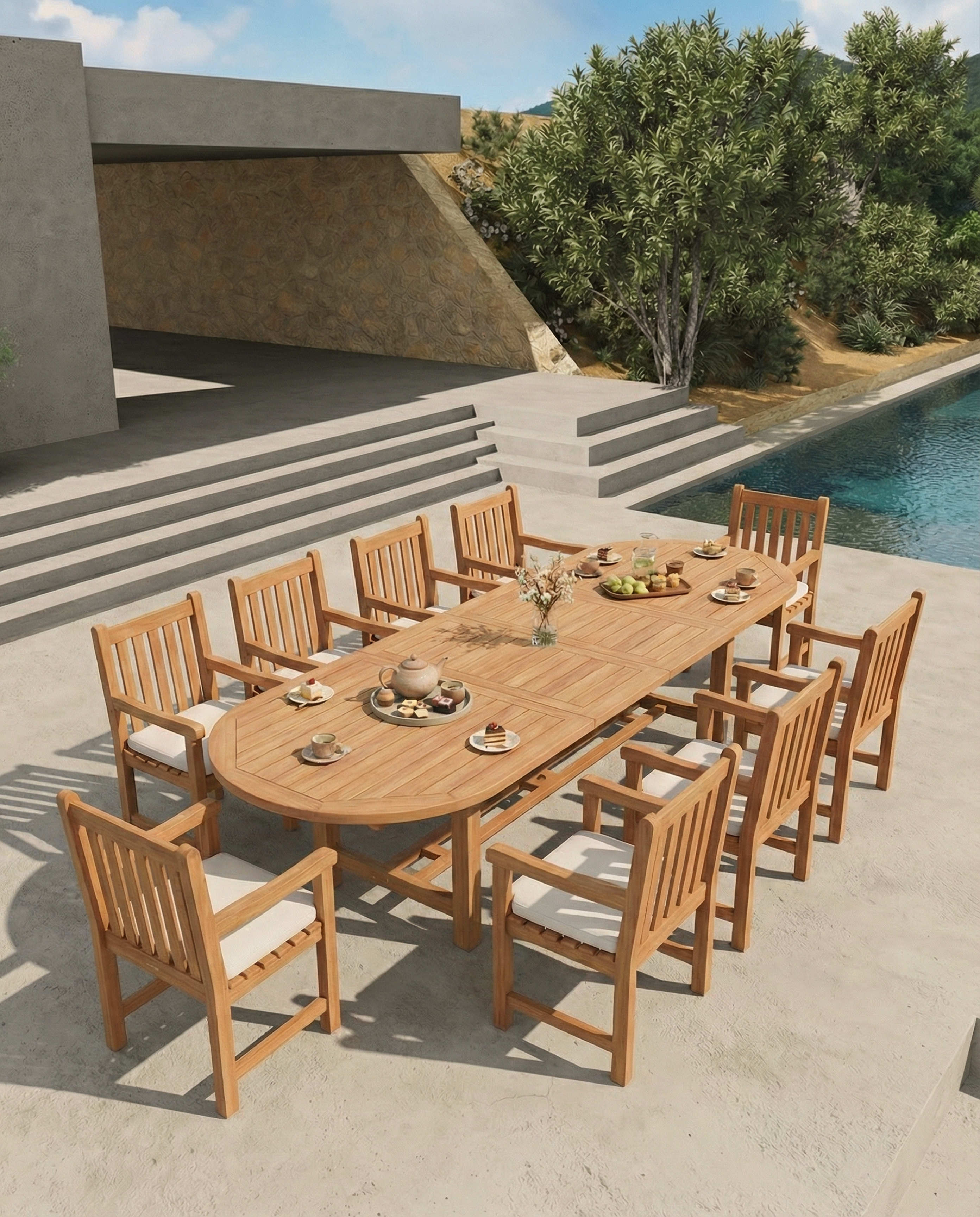 Teak Belgrave 10 Seater Extending Table 2m-3m (4cm Thick Top) with 10 Oxford Teak Chairs (Garden / Outdoor Dining Set)