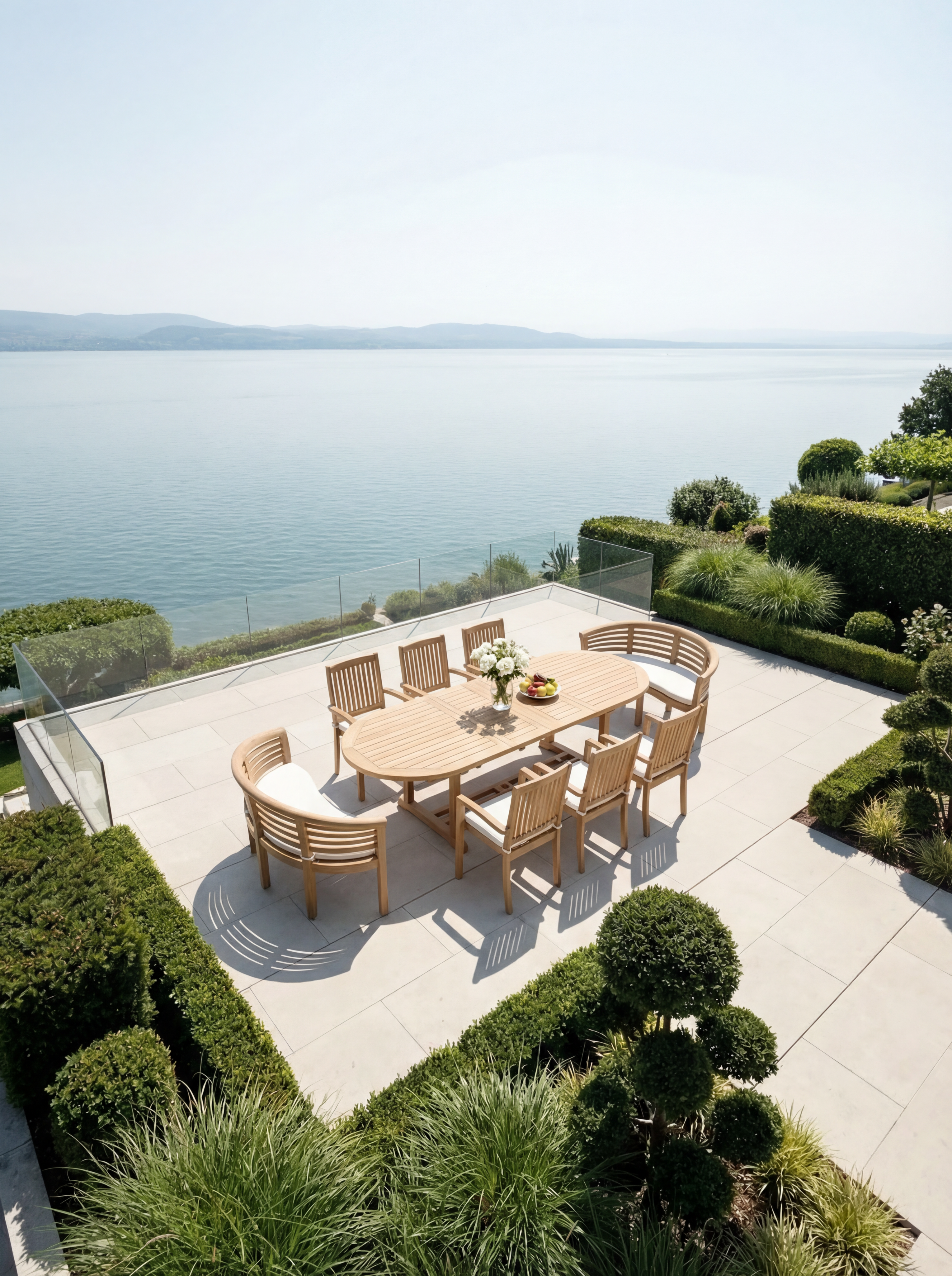 Teak Belgrave 8 Seater Extending Table 1.8m-2.4m (4cm Thick Top) with 2×Teak Banana Bench Horizontal Slats and 6 Burnham Stacking Chairs (Garden / Outdoor Dining Set)