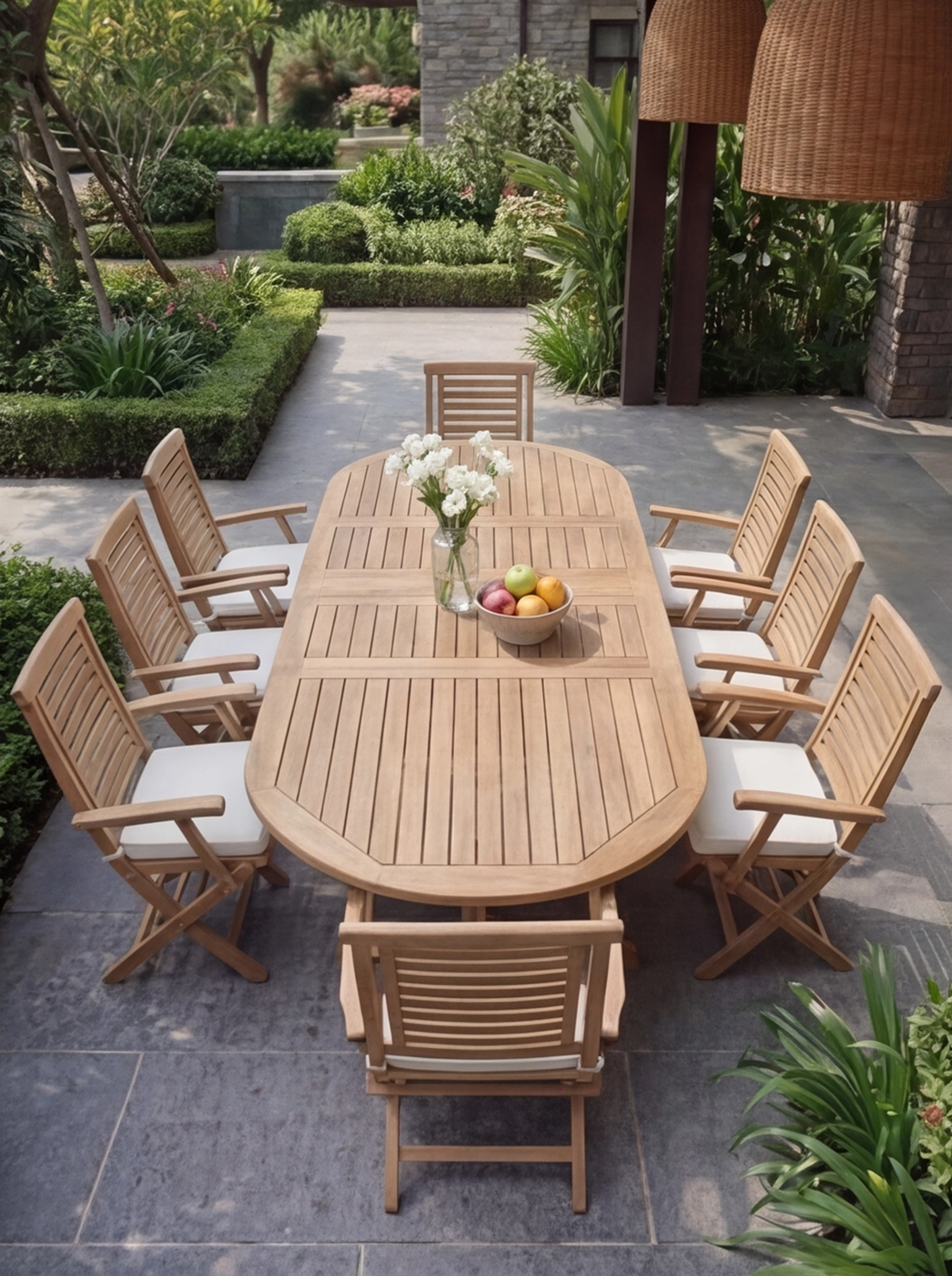 Teak Belgrave 8 Seater Extending Table 1.8m-2.4m (4cm Thick Top) with 8 Hanton Folding  Chair with Arm (Garden / Outdoor Dining Set)