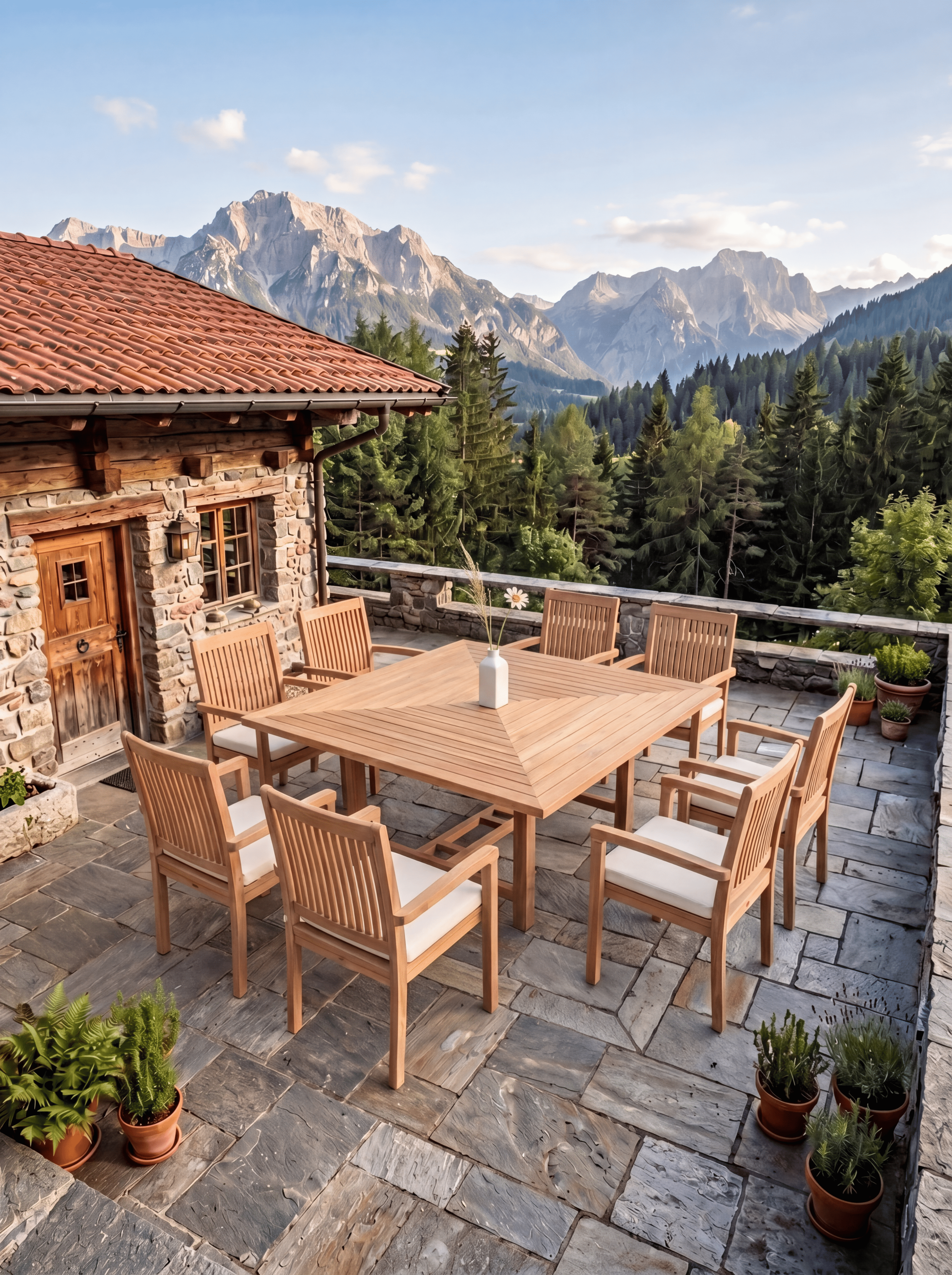 Teak Square 8 Seater Table 1.5m (4cm Thick Top) with 8 Teak Burnham Stacking Chairs (Garden / Outdoor Dining Set)