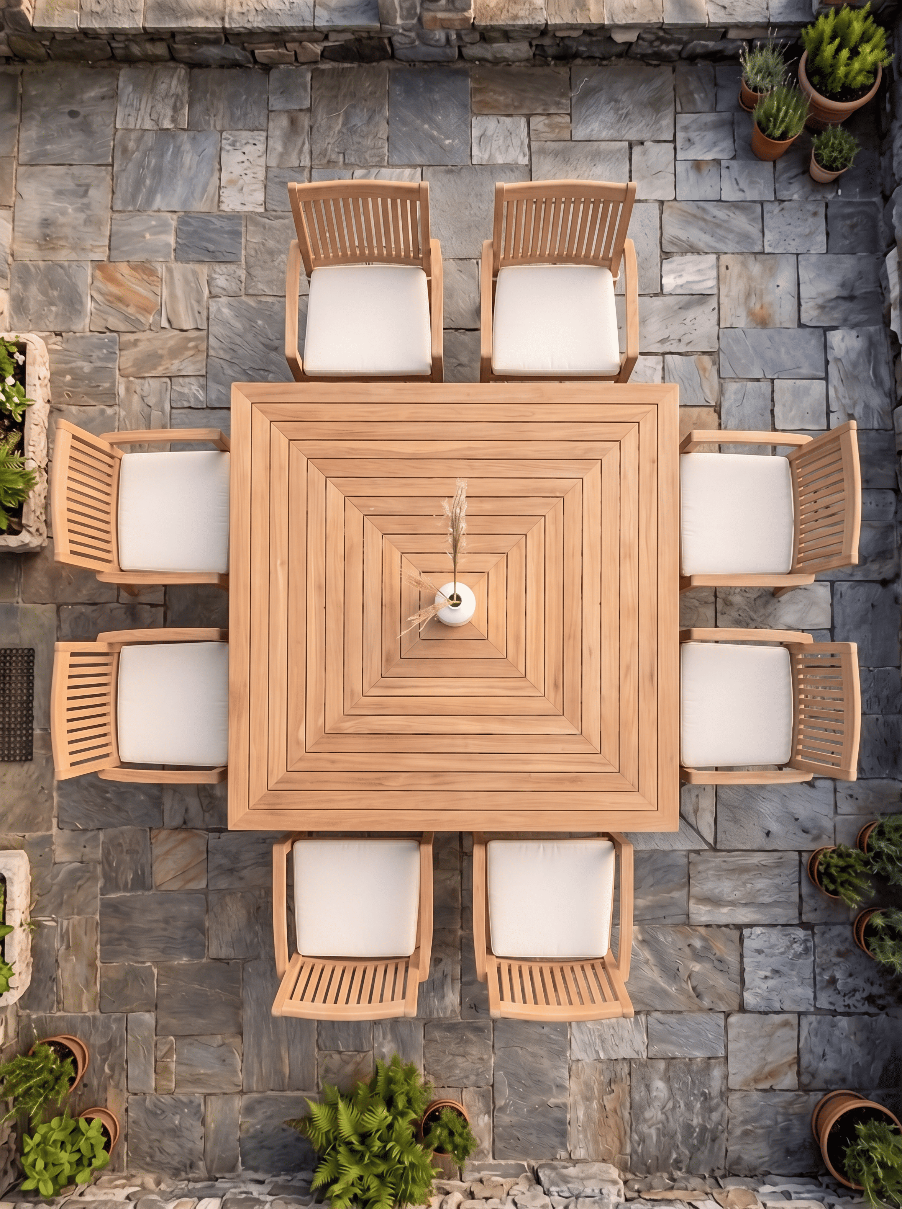 Teak Square 8 Seater Table 1.5m (4cm Thick Top) with 8 Teak Burnham Stacking Chairs (Garden / Outdoor Dining Set)