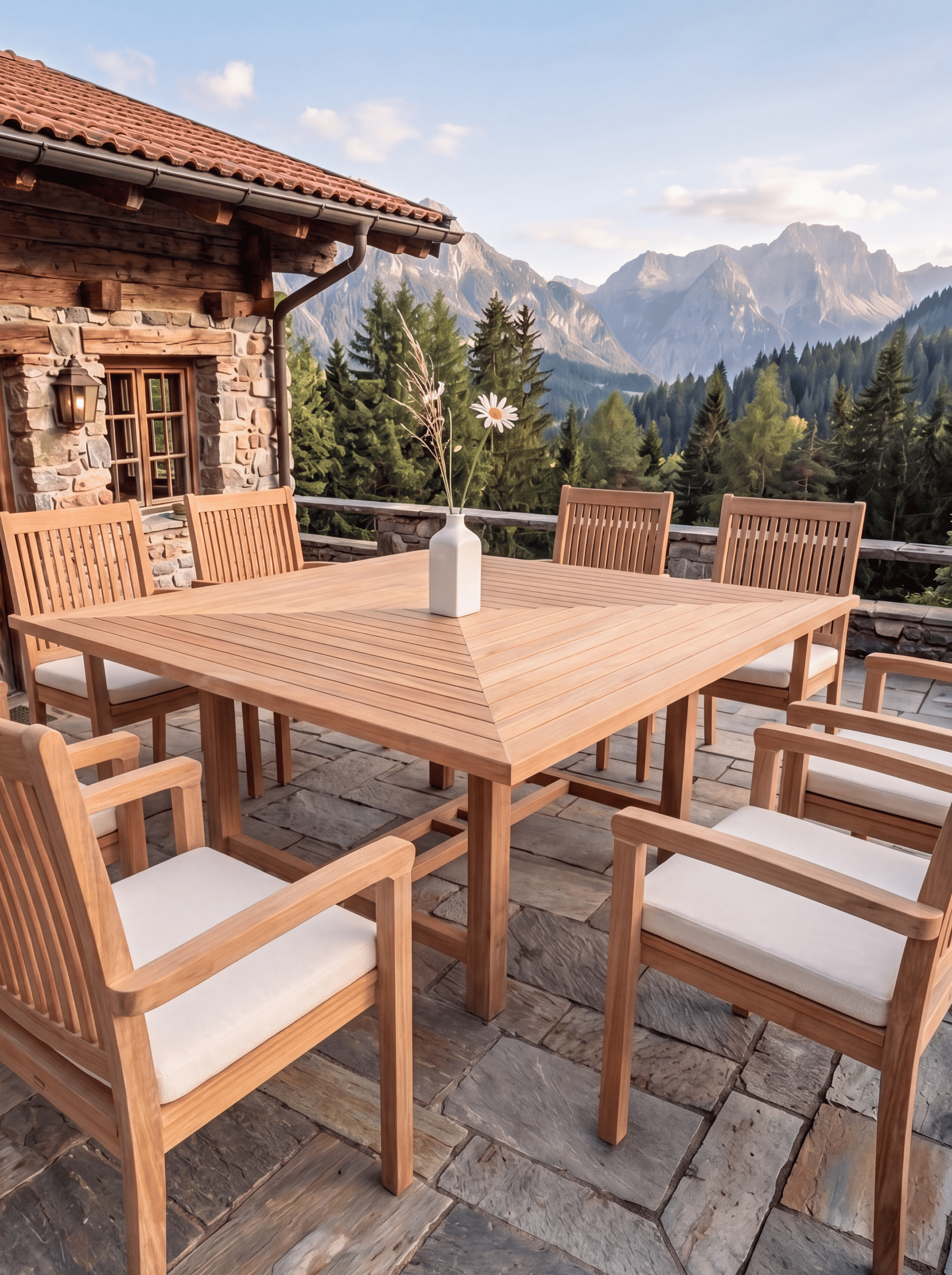 Teak Square 8 Seater Table 1.5m (4cm Thick Top) with 8 Teak Burnham Stacking Chairs (Garden / Outdoor Dining Set)