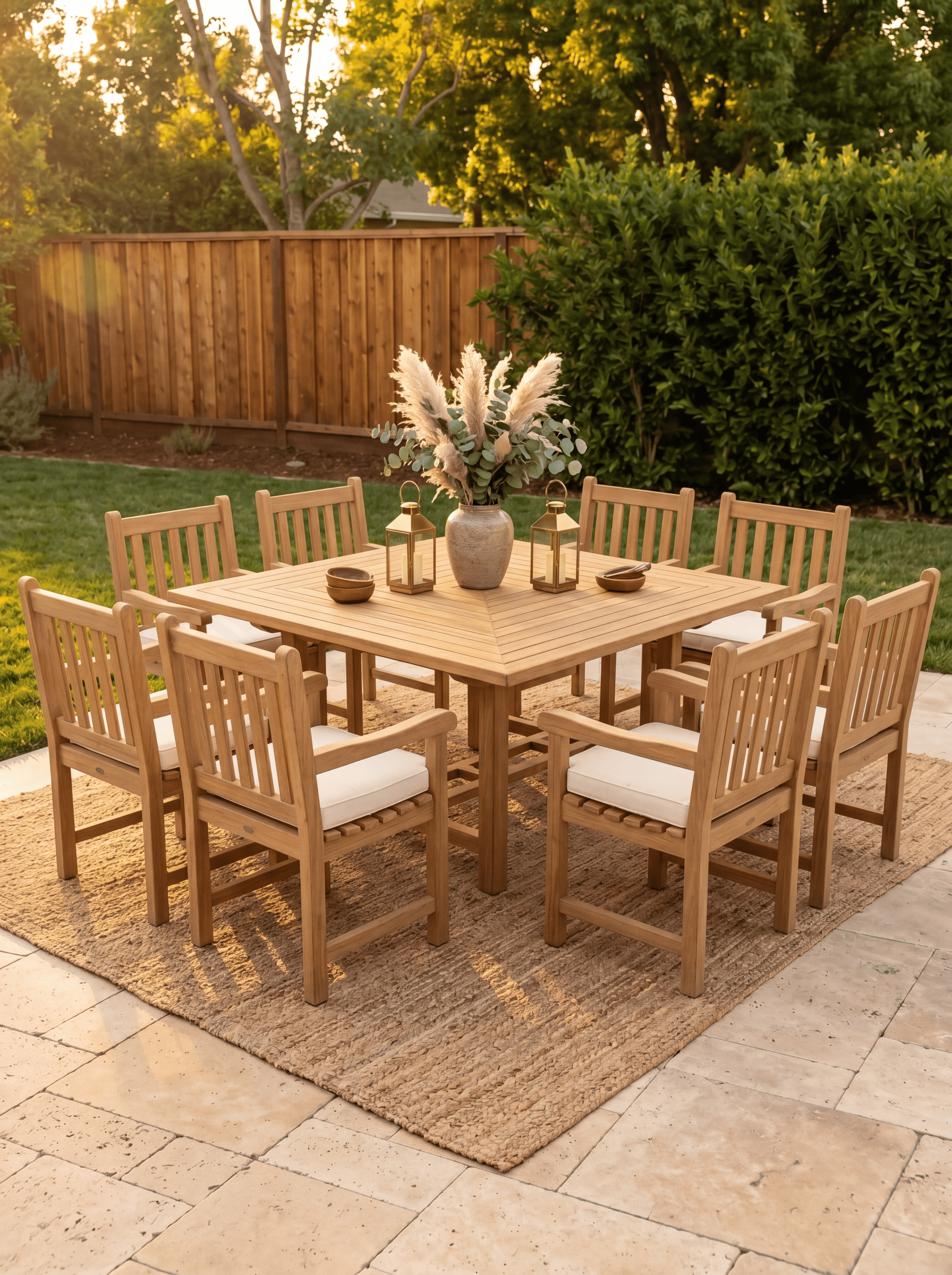 Teak Square 8 Seater 1.5m (4cm Thick Top) with 8 Teak Oxford Chairs (Garden / Outdoor Dining Set)