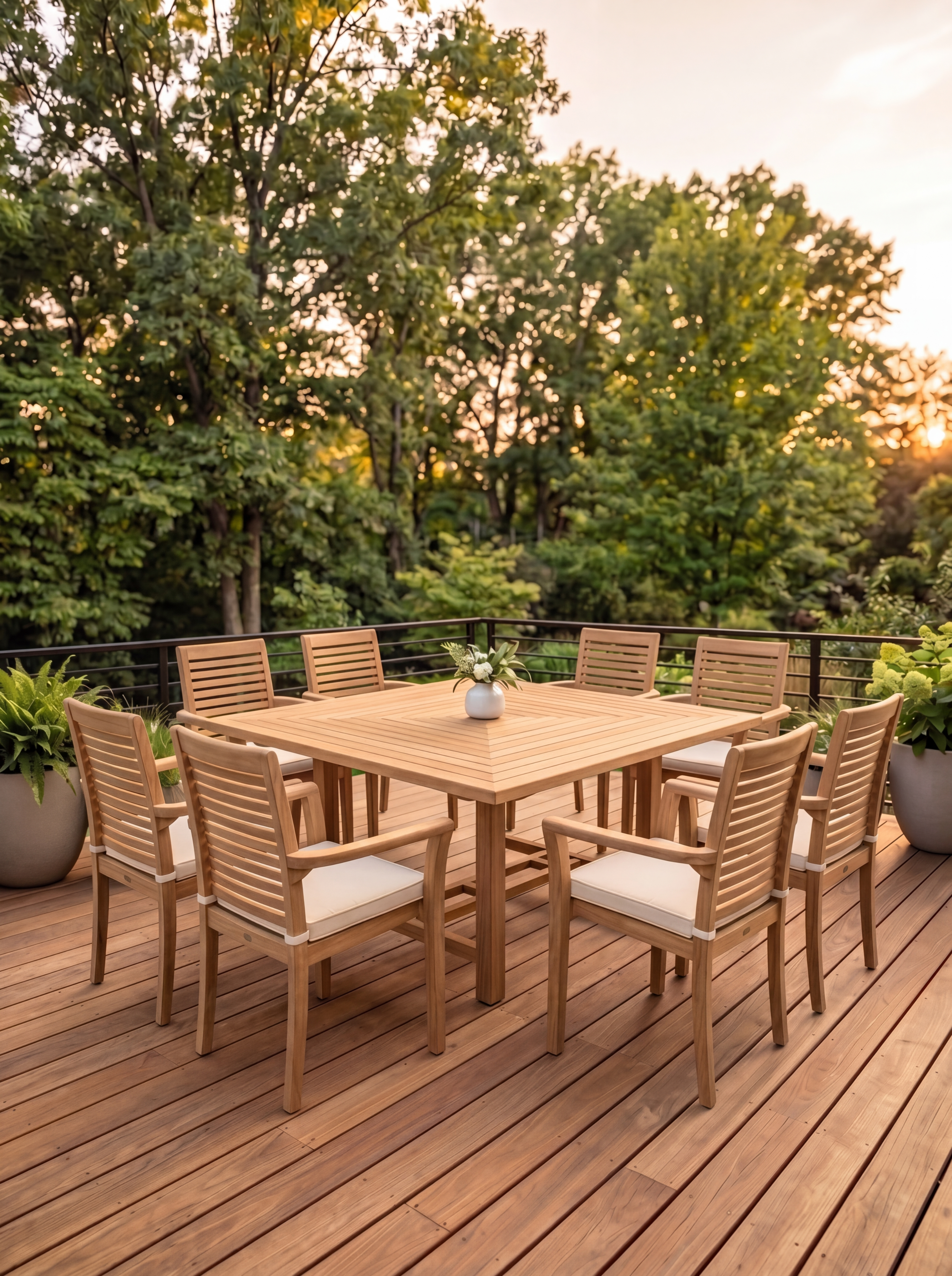 Teak Square 8 Seater Table 1.5m (4cm Thick Top) with 8 Teak Belgrave Stacking Chairs (Garden / Outdoor Dining Set)
