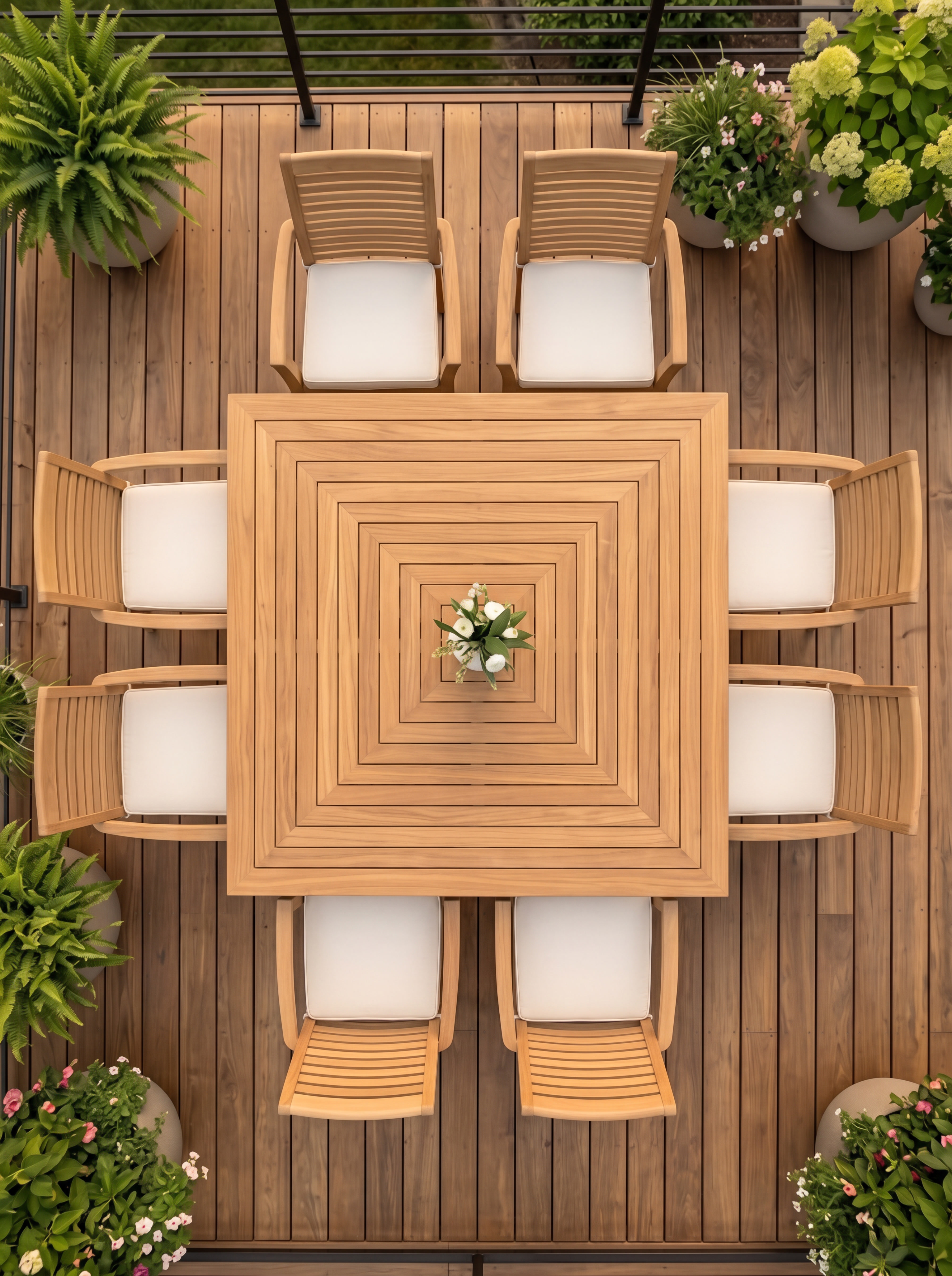 Teak Square 8 Seater Table 1.5m (4cm Thick Top) with 8 Teak Belgrave Stacking Chairs (Garden / Outdoor Dining Set)