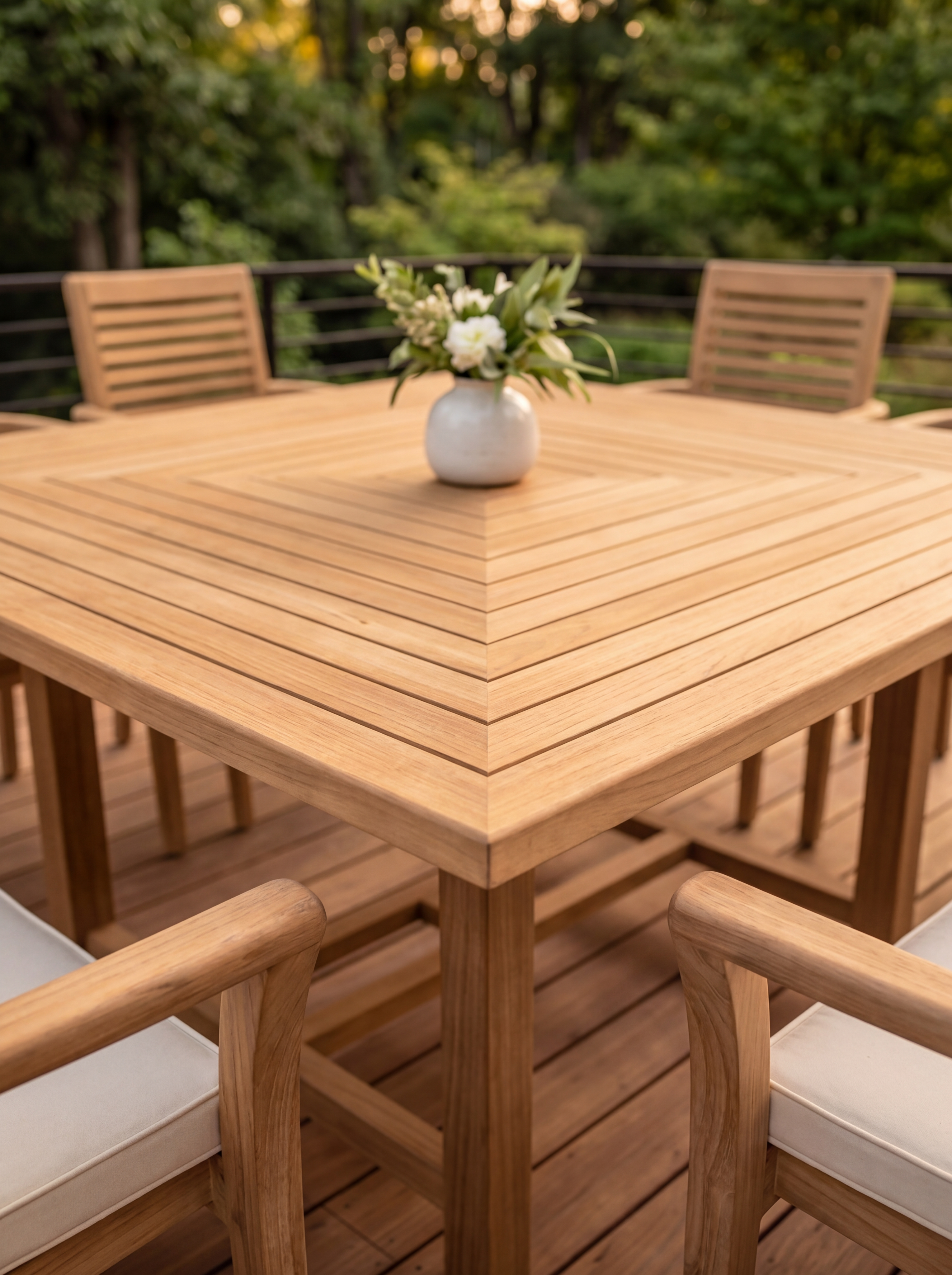 Teak Square 8 Seater Table 1.5m (4cm Thick Top) with 8 Teak Belgrave Stacking Chairs (Garden / Outdoor Dining Set)