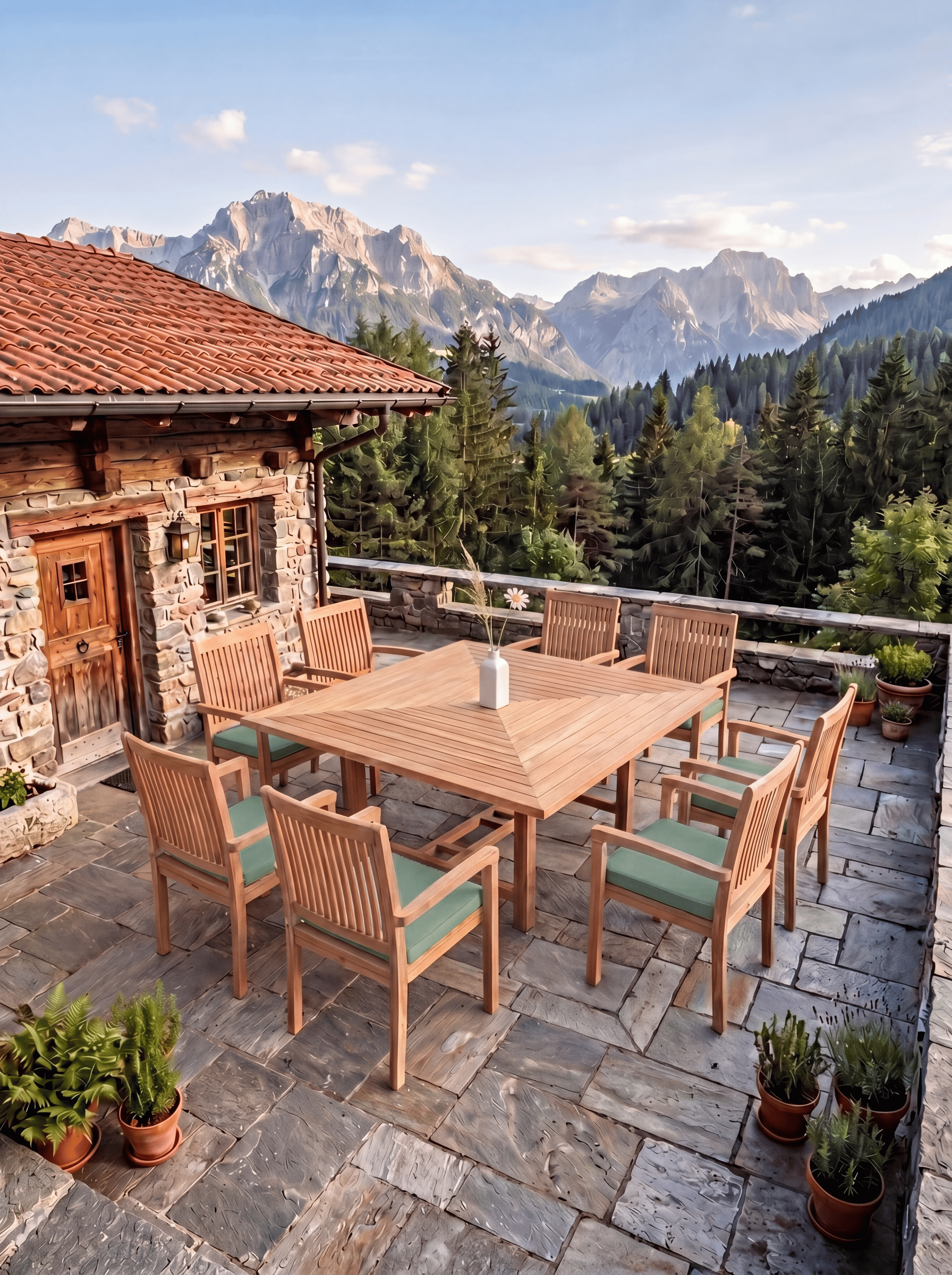 Teak Square 8 Seater Table 1.5m (4cm Thick Top) with 8 Teak Burnham Stacking Chairs (Garden / Outdoor Dining Set)