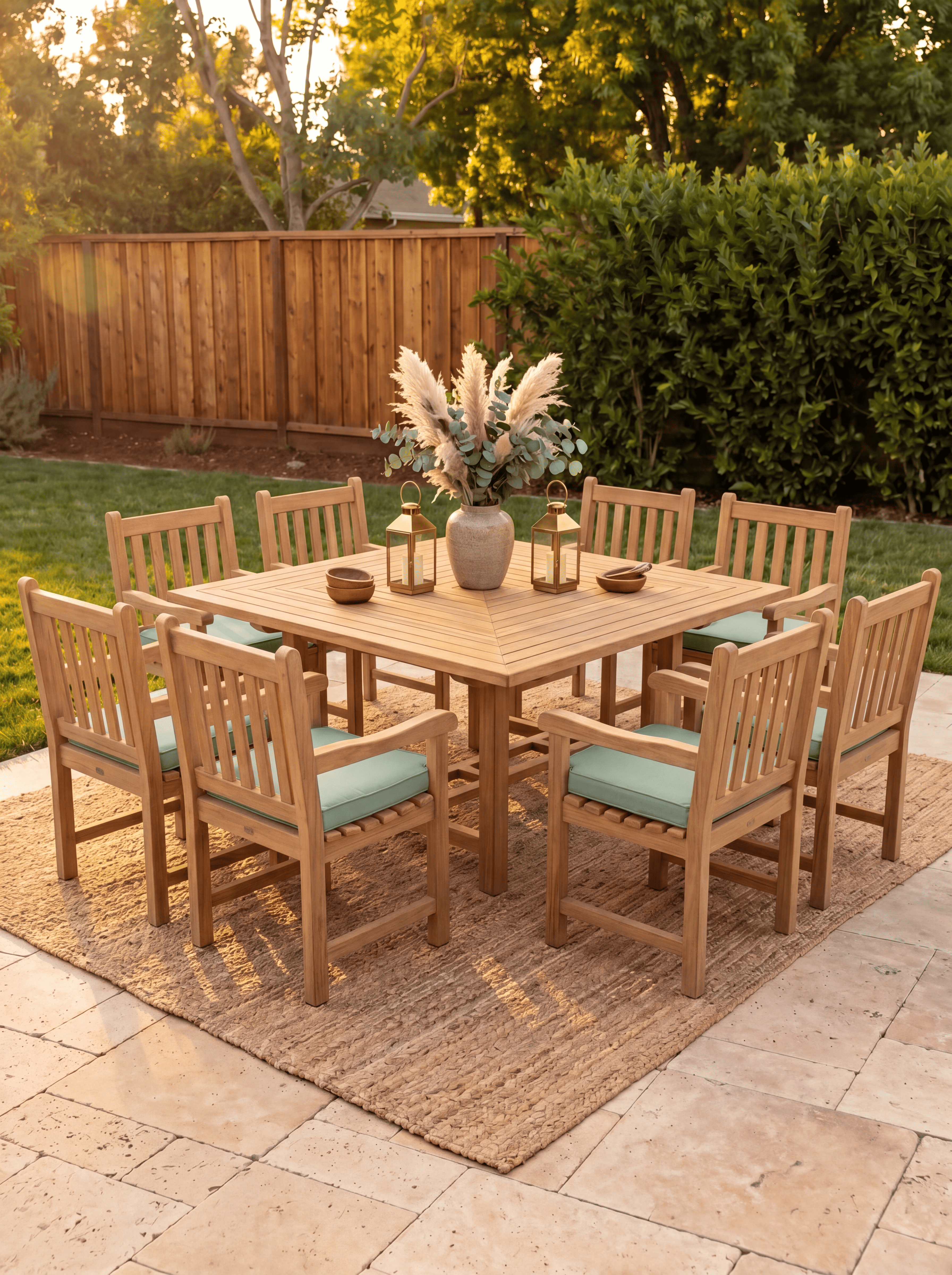 Teak Square 8 Seater 1.5m (4cm Thick Top) with 8 Teak Oxford Chairs (Garden / Outdoor Dining Set)