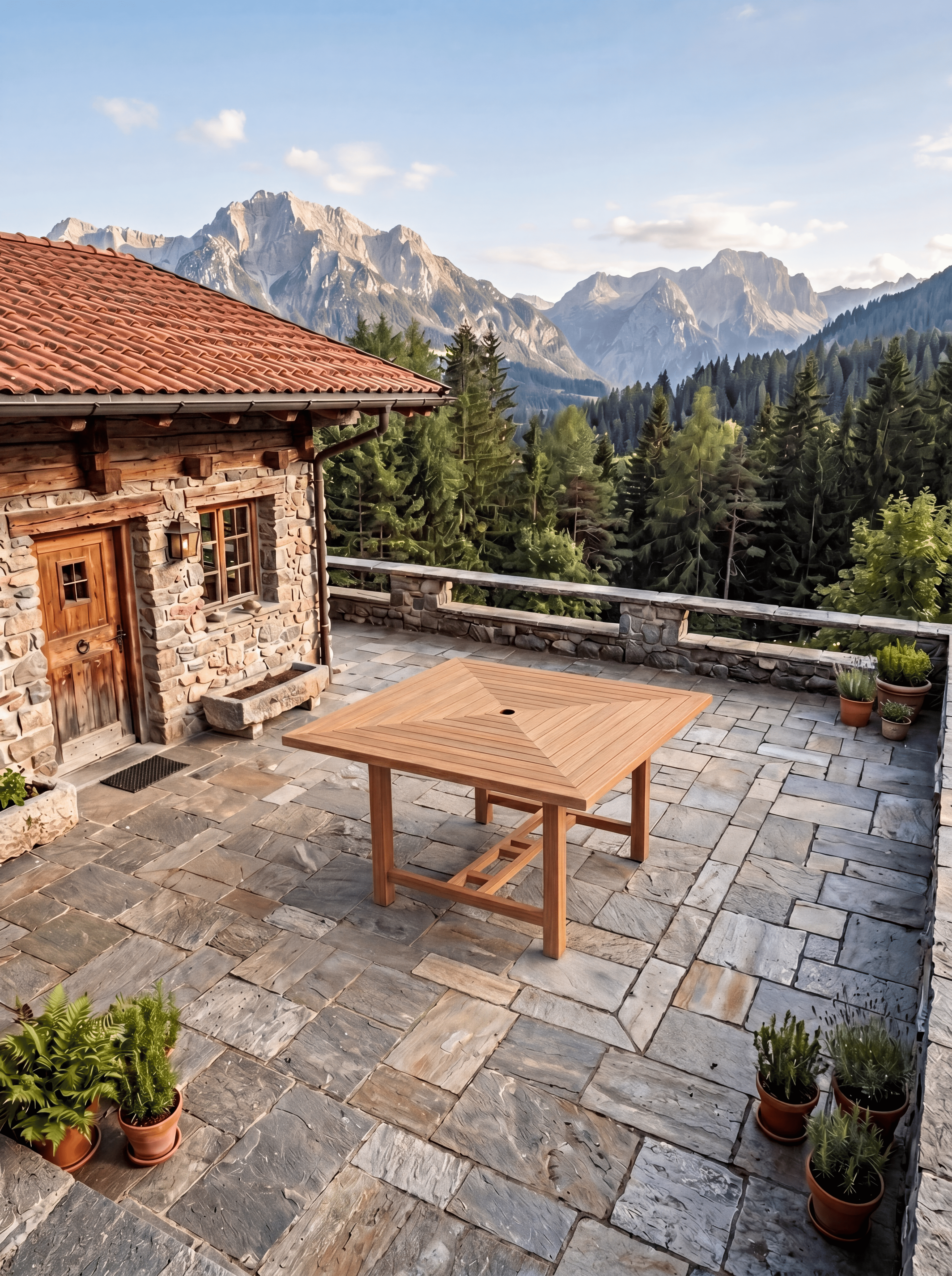 Teak Square 8 Seater Table 1.5m (4cm Thick Top) with 8 Teak Burnham Stacking Chairs (Garden / Outdoor Dining Set)