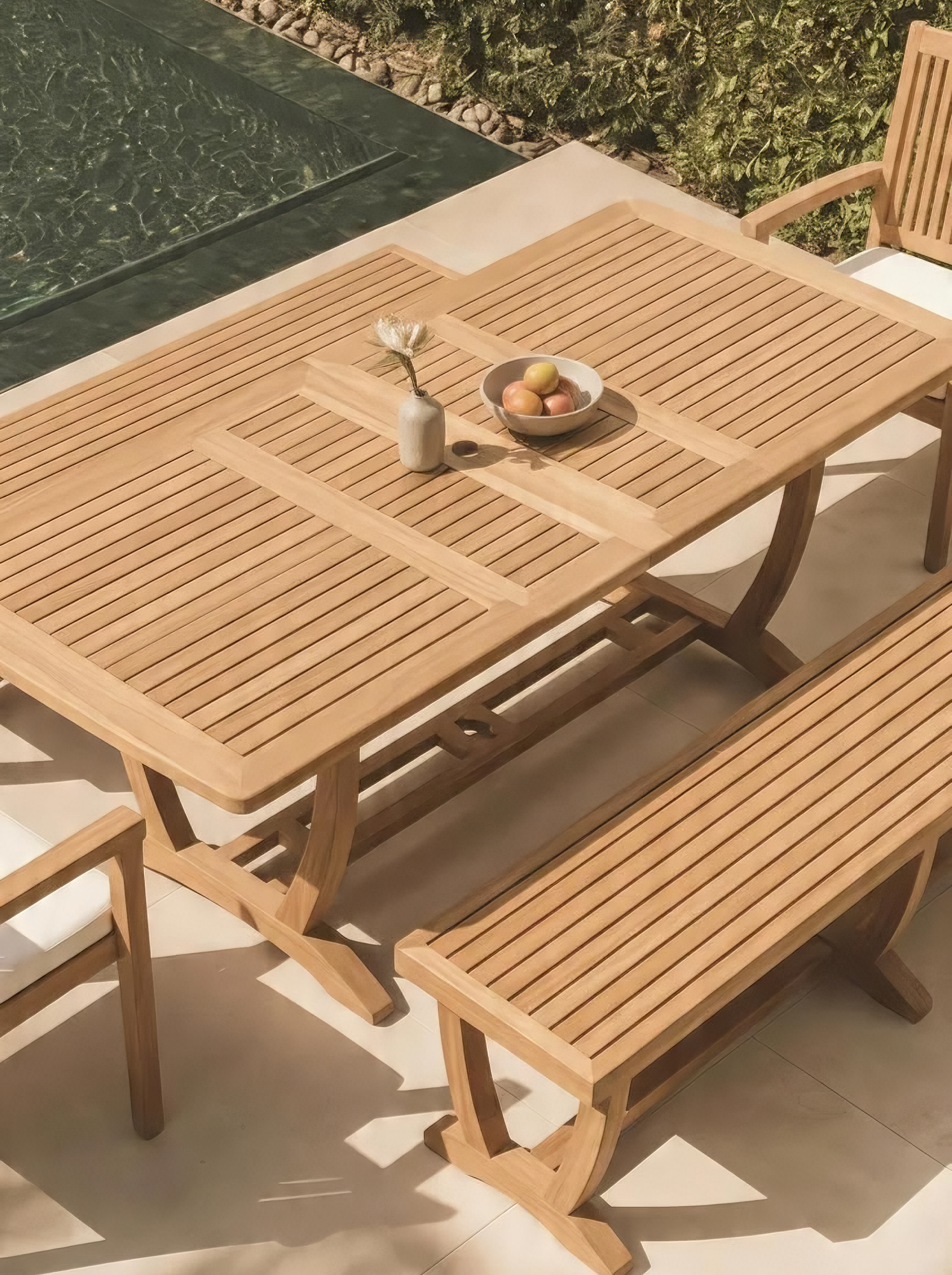 Teak Burnham 8 Seater Extending Table 1.8m-2.4m (4cm Thick Top) with  2* Teak Burnham Chairs & 2* Burnham Bench 1.8m (Garden / Outdoor Dining Set)